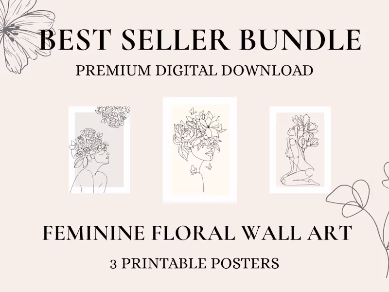 Cover image for Feminine Floral Line Art Wall Art Set | 3 Printable Posters