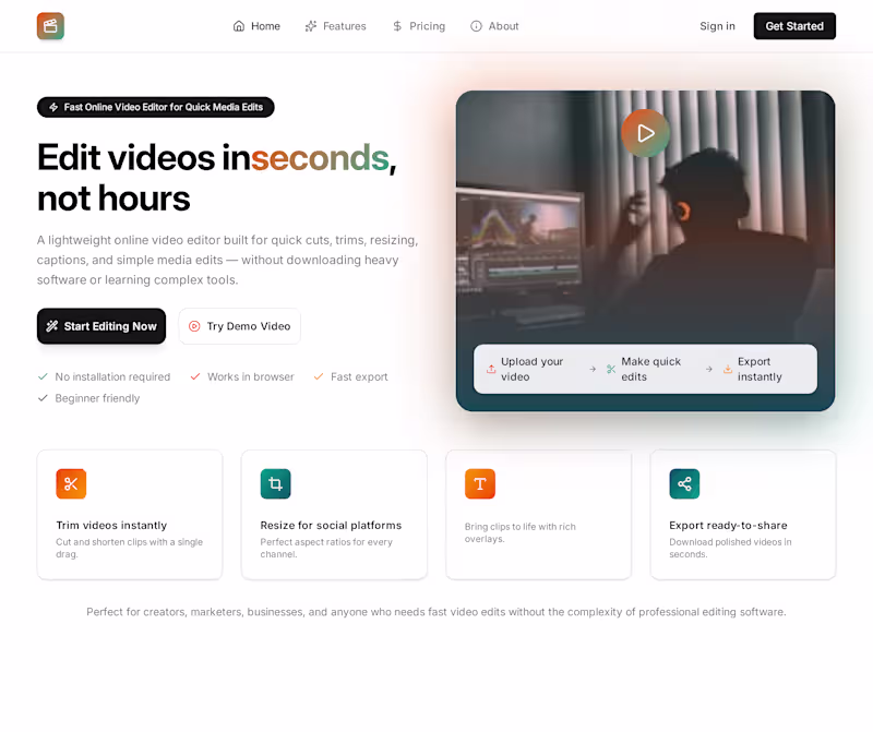 Cover image for Lightweight Online Video Editor
A fast,