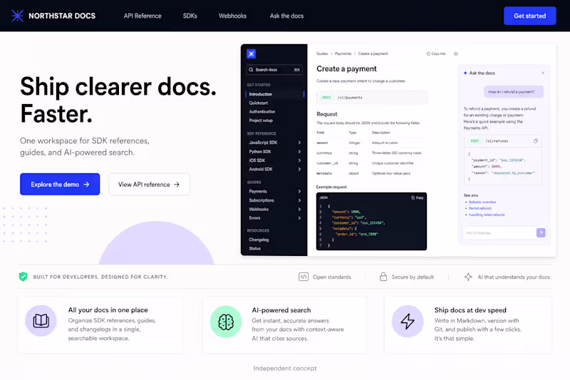 Cover image for Northstar Docs — Developer Documentation Landing Page Concept