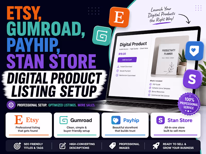 Cover image for Etsy, Gumroad, Payhip, Stan Store digital product listing setup