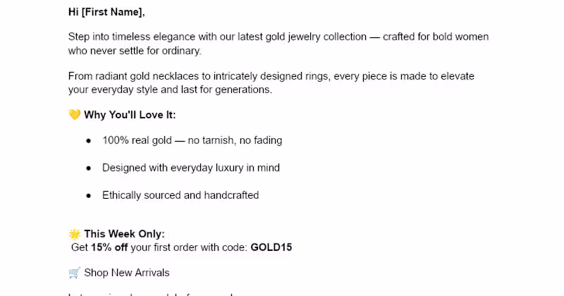 Cover image for Aurielle Gold Jewelry Collection Email Campaign