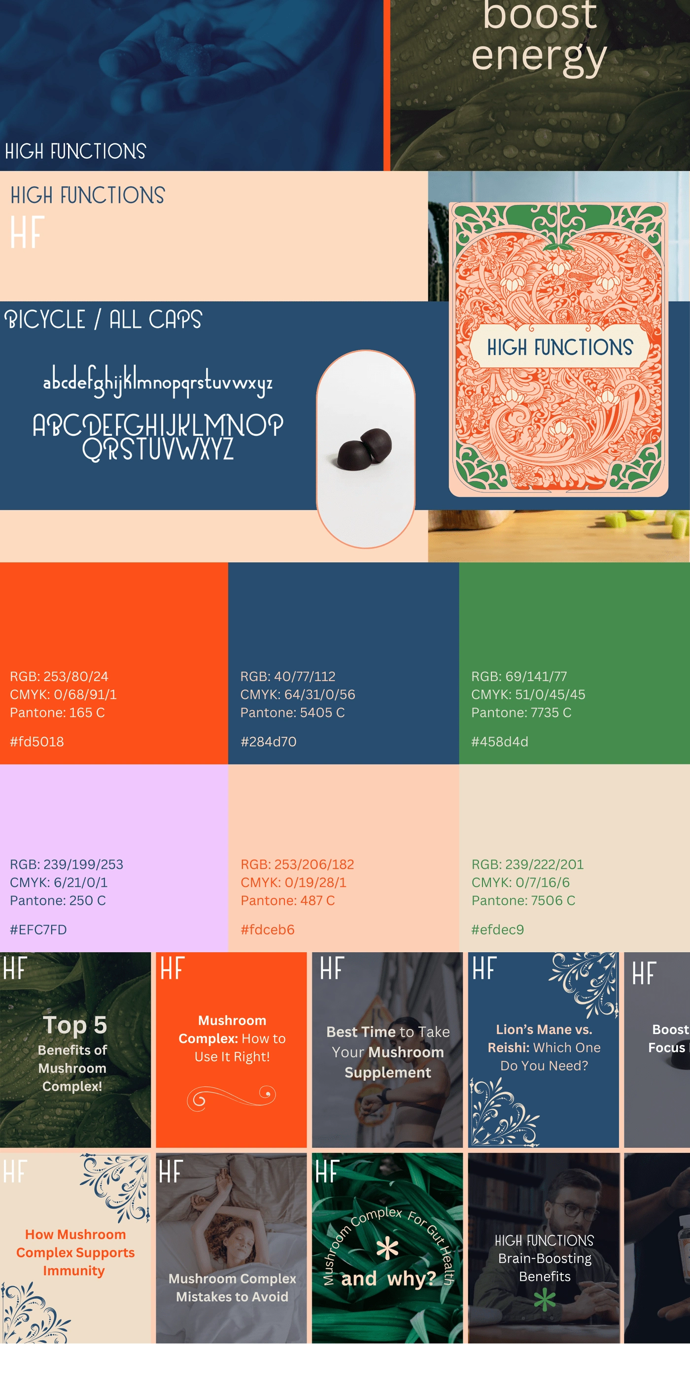 The color palette consists of peach, navy blue, coral orange, and green, creating a harmonious balance between warmth, elegance, and nature. These colors give the brand a premium yet approachable identity.