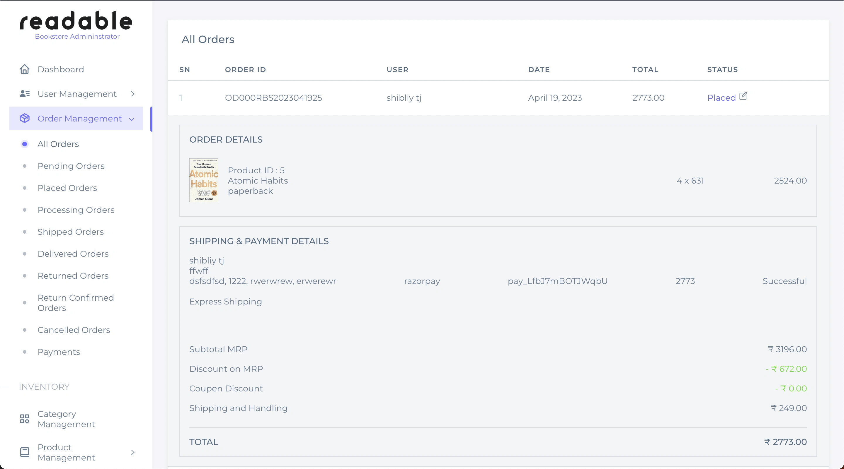 Order Management Page