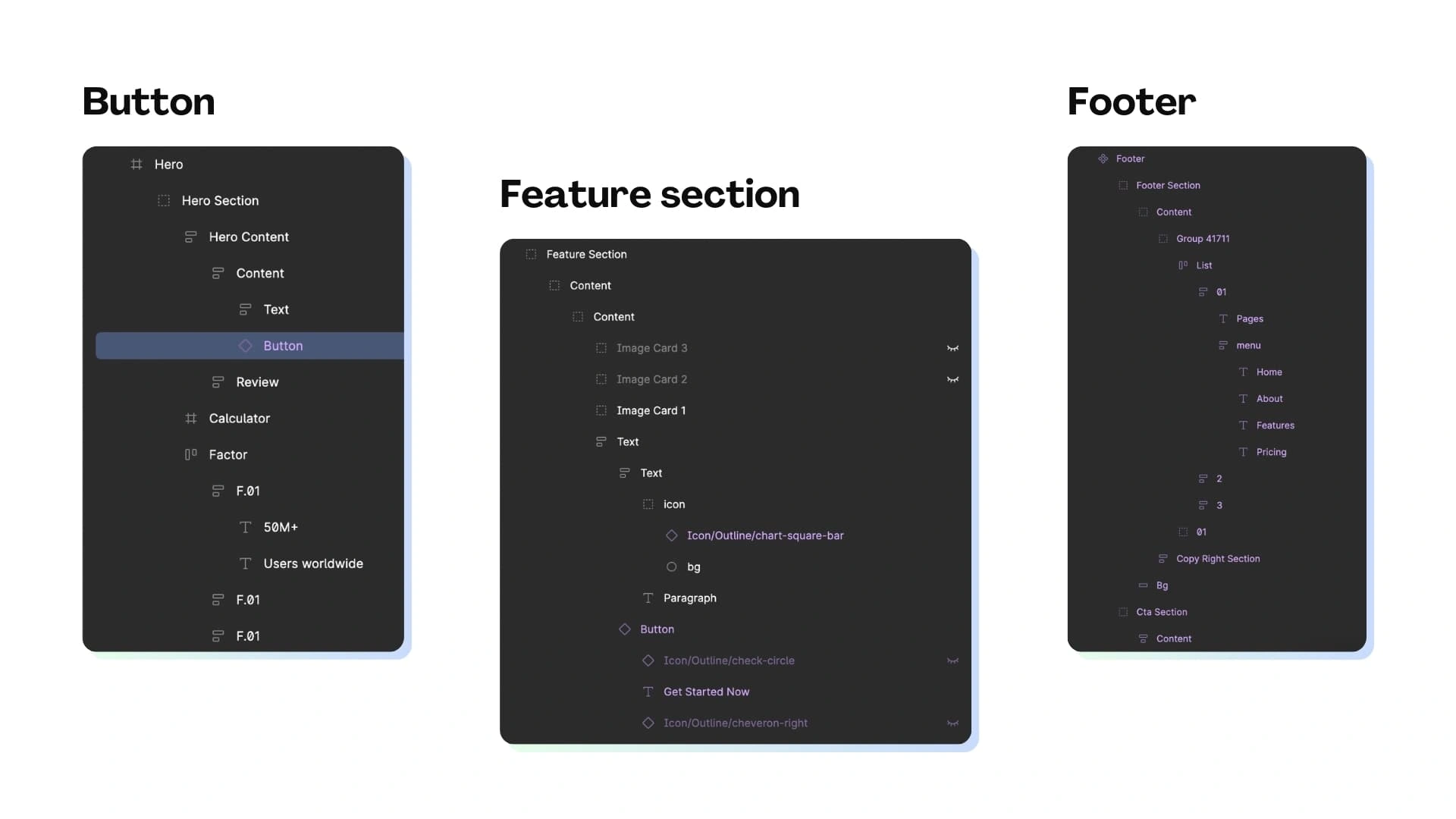 figma design structure of  feature section, footer and hero section