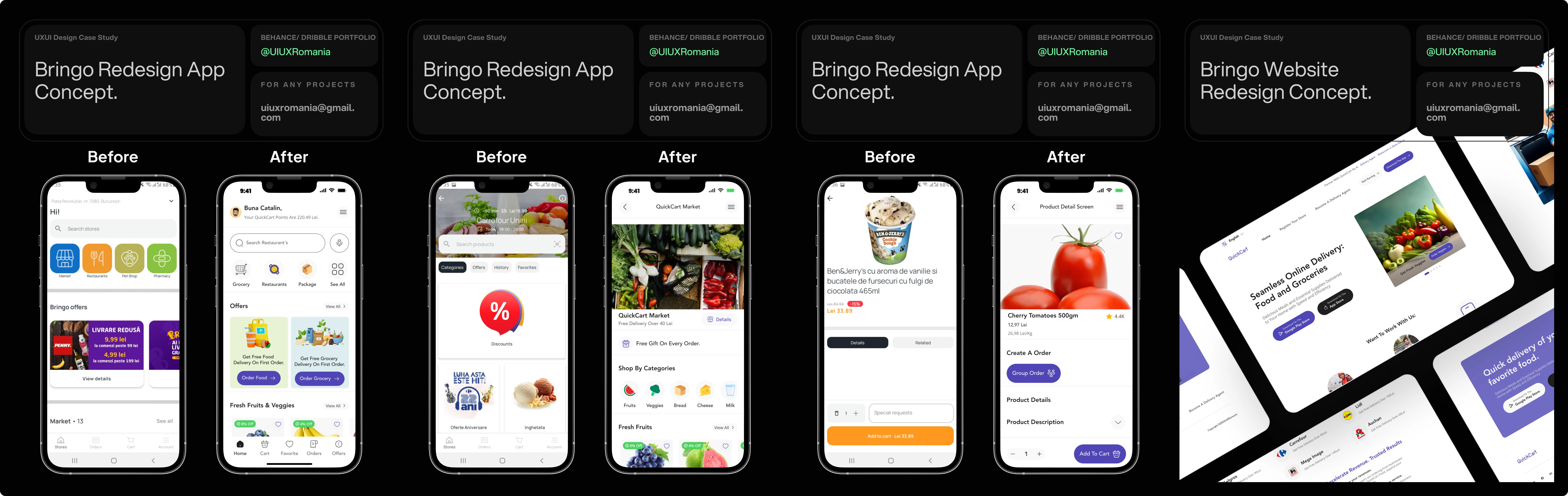 Redesigning solution Showcasing Before and After Screens of Bringo Delivery Mobile App.