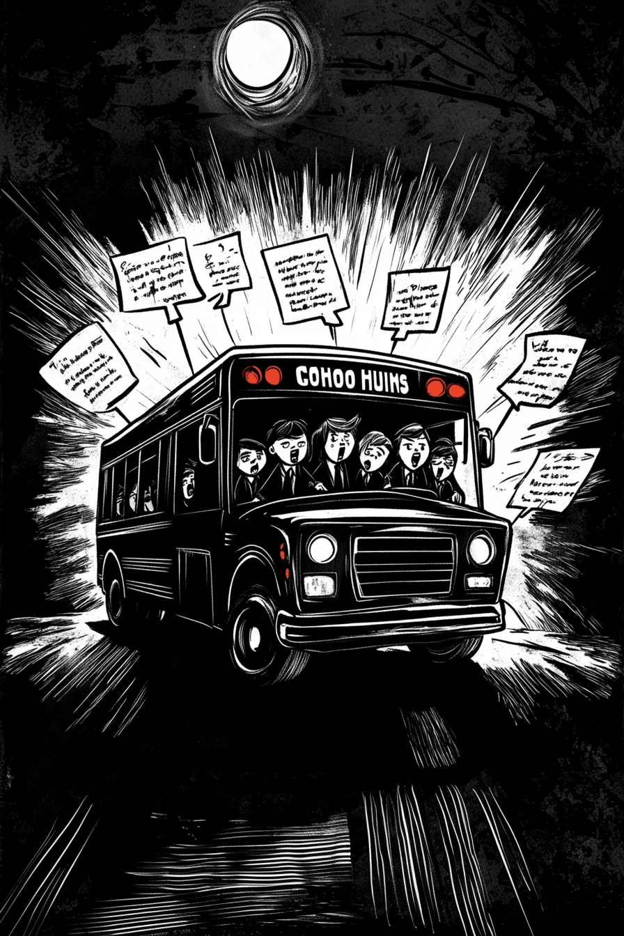 A black and white editorial illustration of an school bus