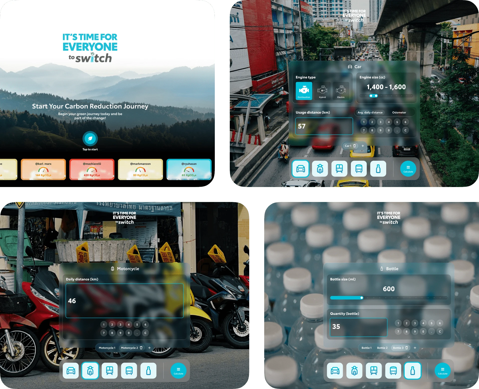 It's Time For Everyone Immersive Calculator Screenshots = Welcome Screen (Top Left), Car Carbon Calculator (Top Right), Motorcycle Carbon Calculator (Bottom Left), Bottle Waste Carbon Calculator (Bottom Right)