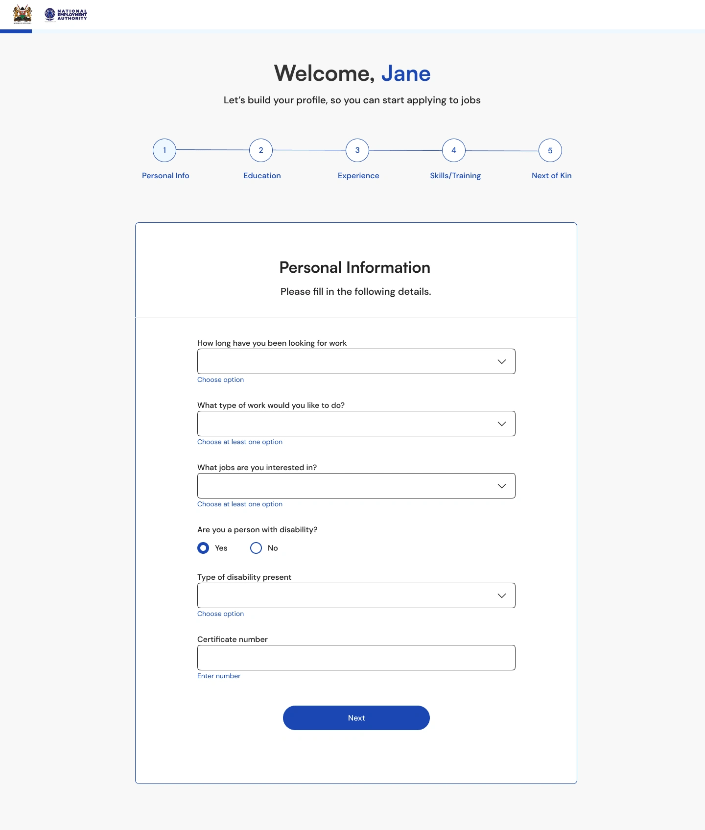 Onboarding - Prompting users to create profile. This will then be used to recommend matching jobs and target job search results to their skills.