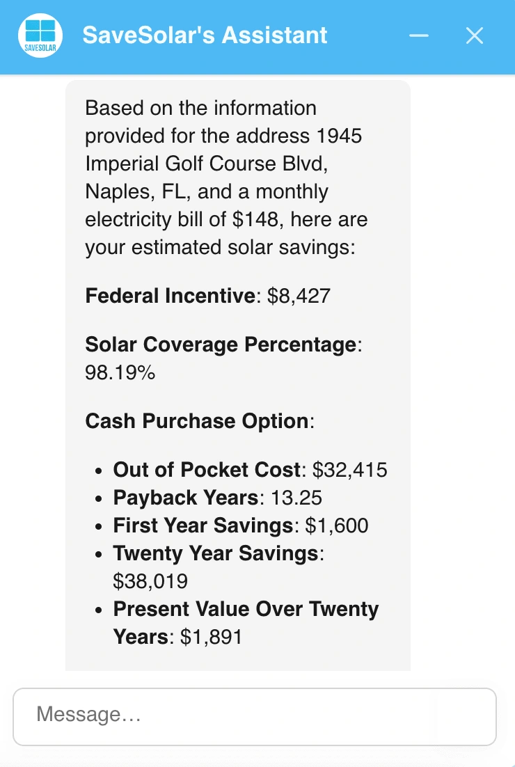 Snippet of the agent's detailed output of the cost analysis, estimate for solar installation for their current situation