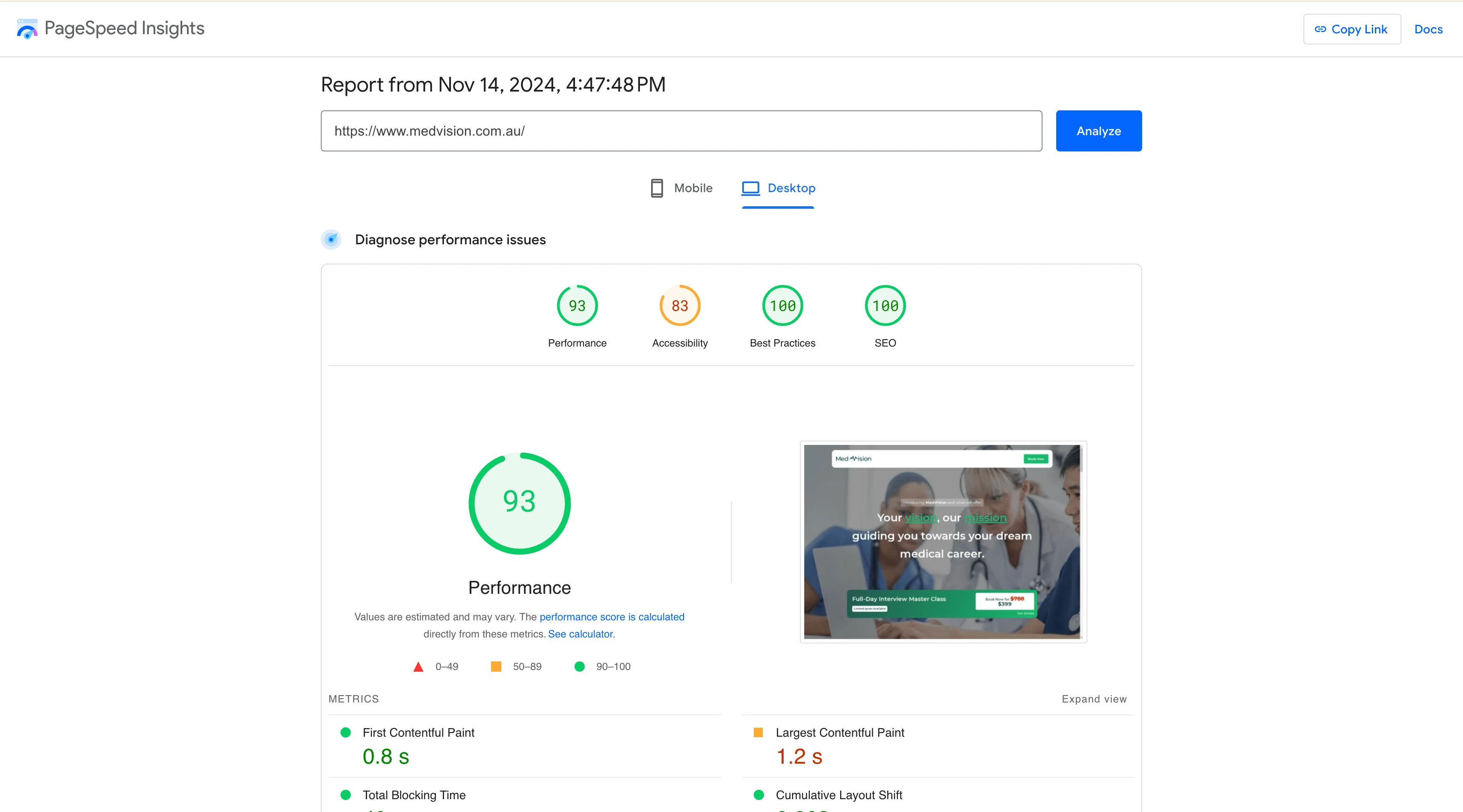 PageSpeed Insights - 93 Performance Score