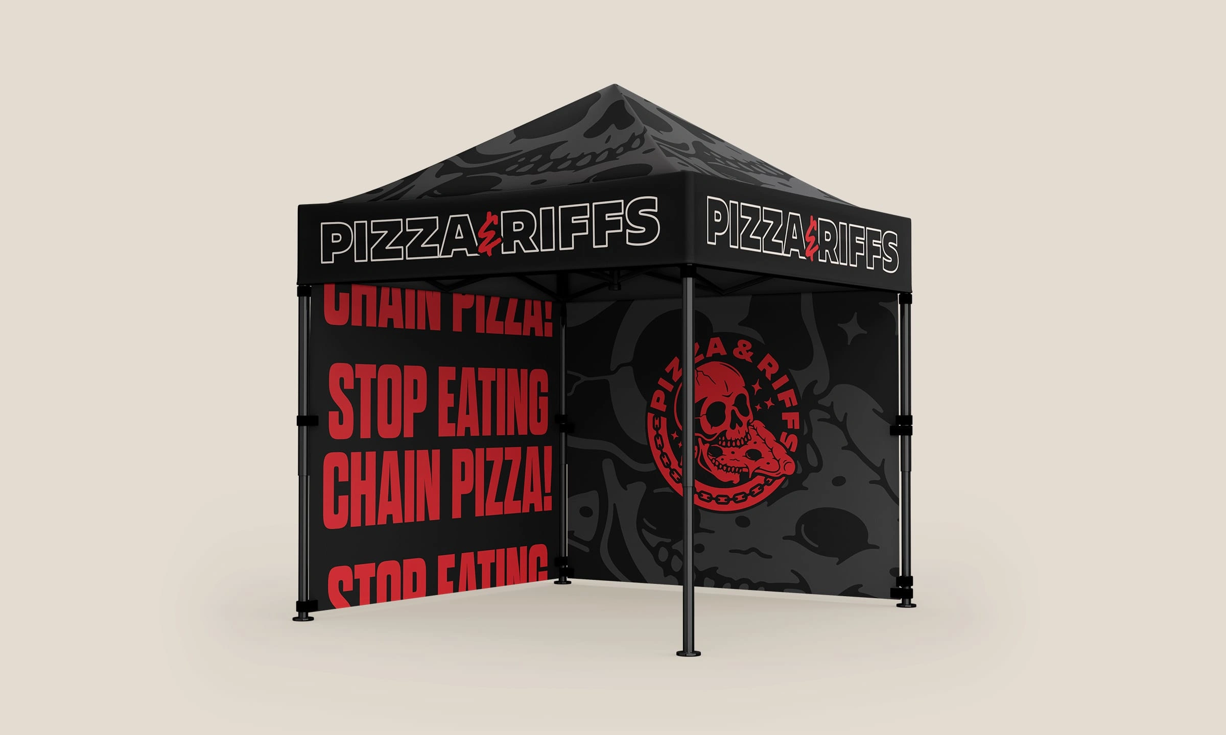 Branded event tent featuring bold slogans and the Pizza & Riffs logo for maximum visibility and impact at events.