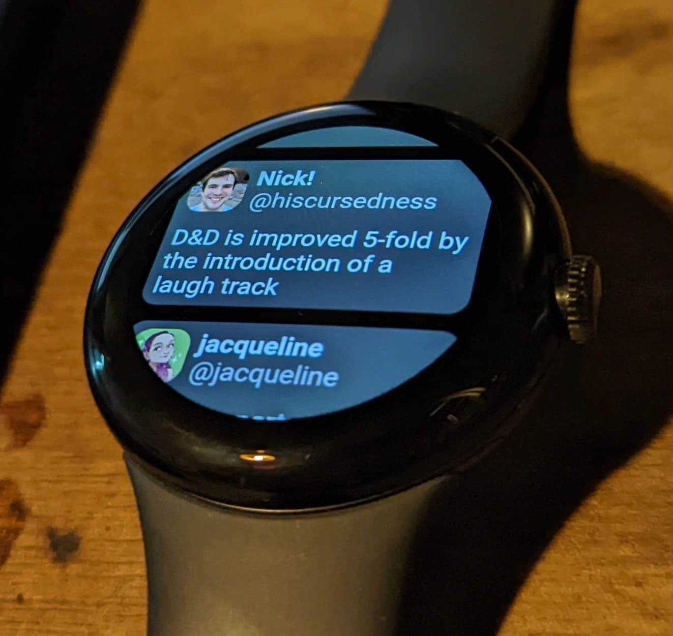 A Mastodon timeline displayed on a Pixel watch