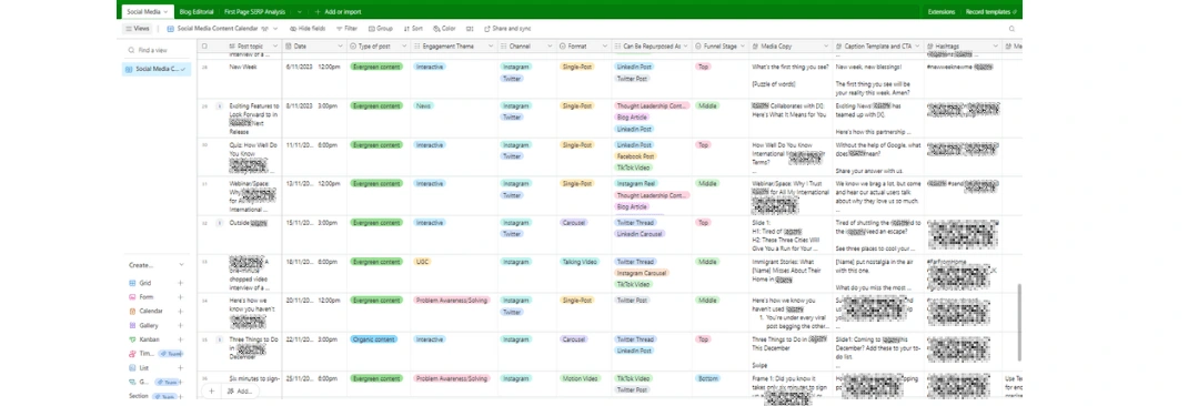 Screenshot of the three-month social media calendar with 38 entries