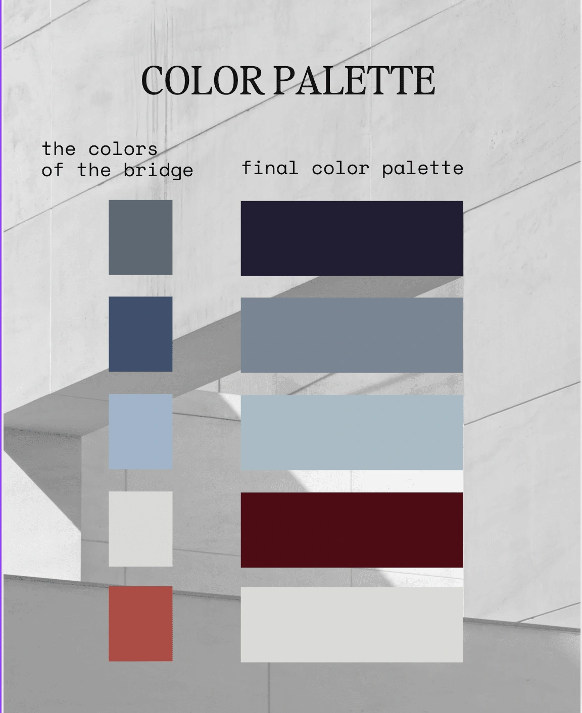 The first color palette is from the bridge, turned into a modern & trustworthy color palette