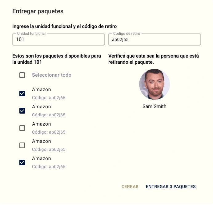 Paquetes: entregar paquete (Modal)