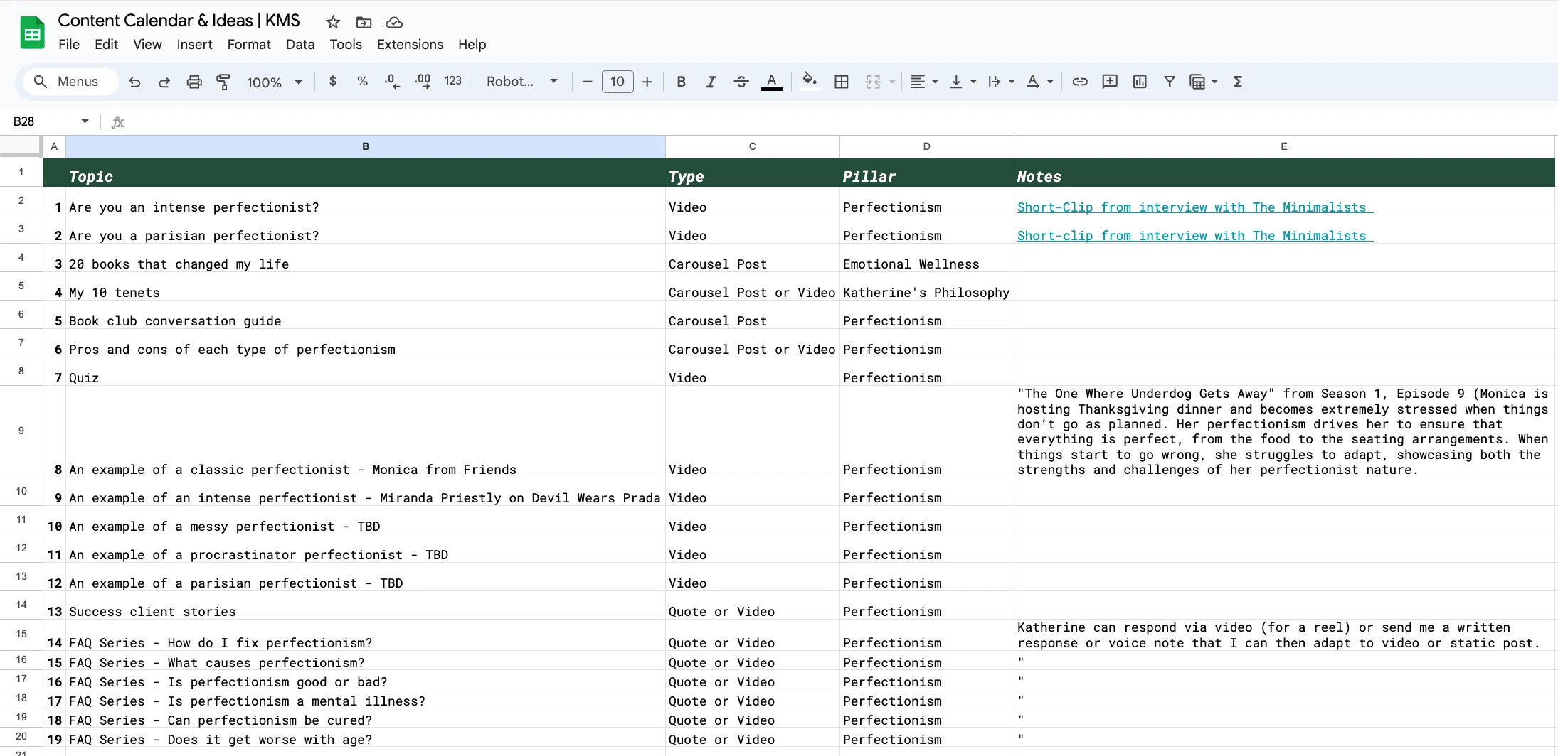 Content Ideas Document | Calendar & Ideas Tab