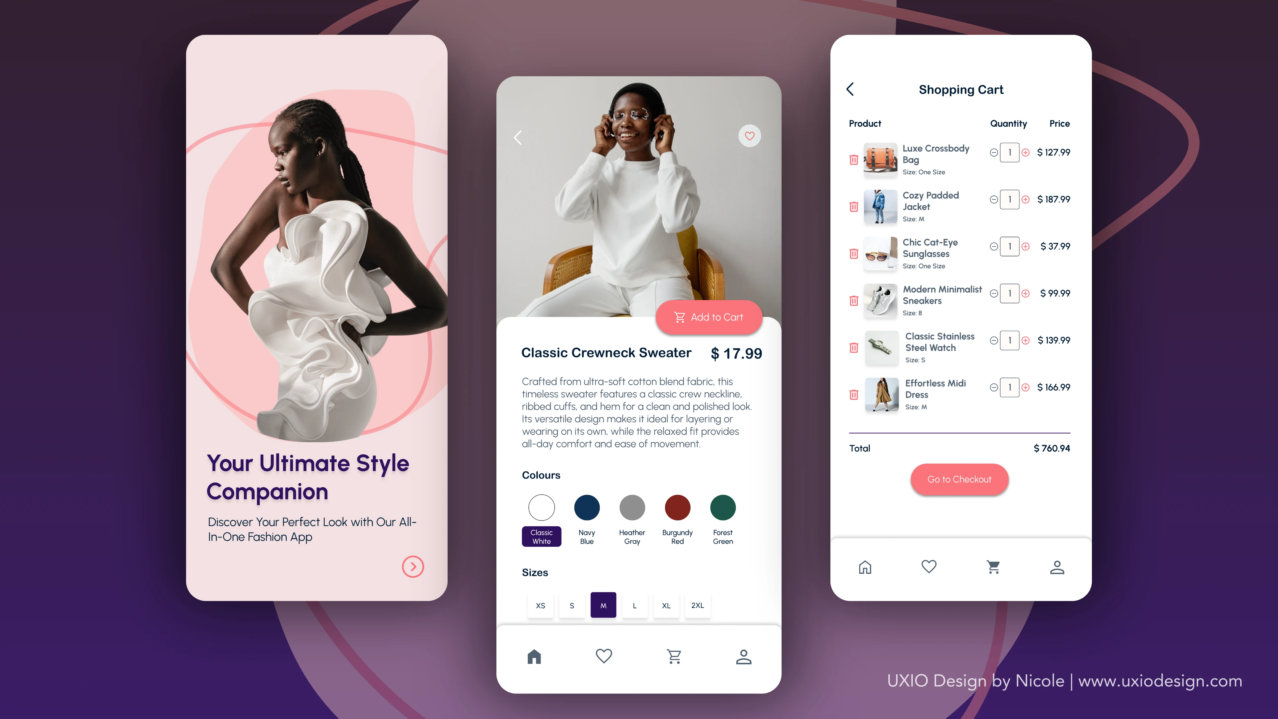 Onboarding Screen, Product Screen & Checkout Screen