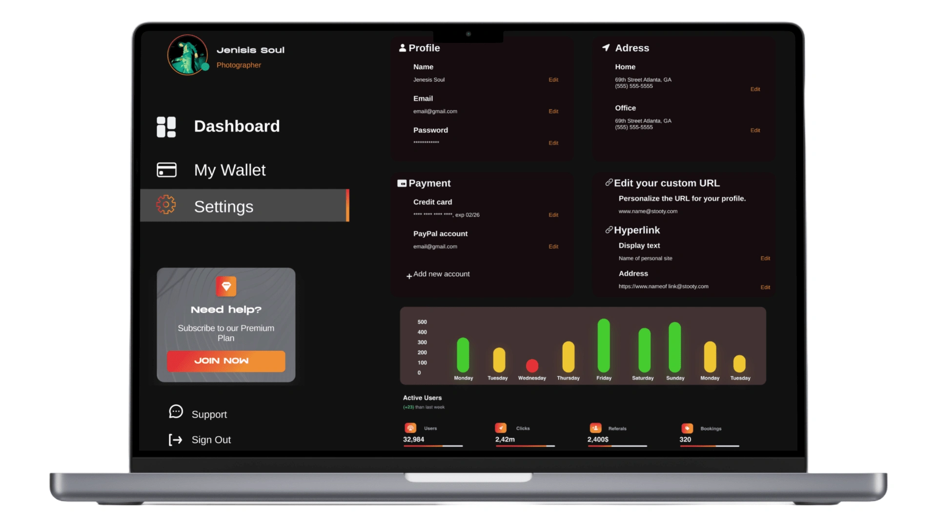 Settings Dashboard to edit profiles, payment options, address information, and hyperlinks. 