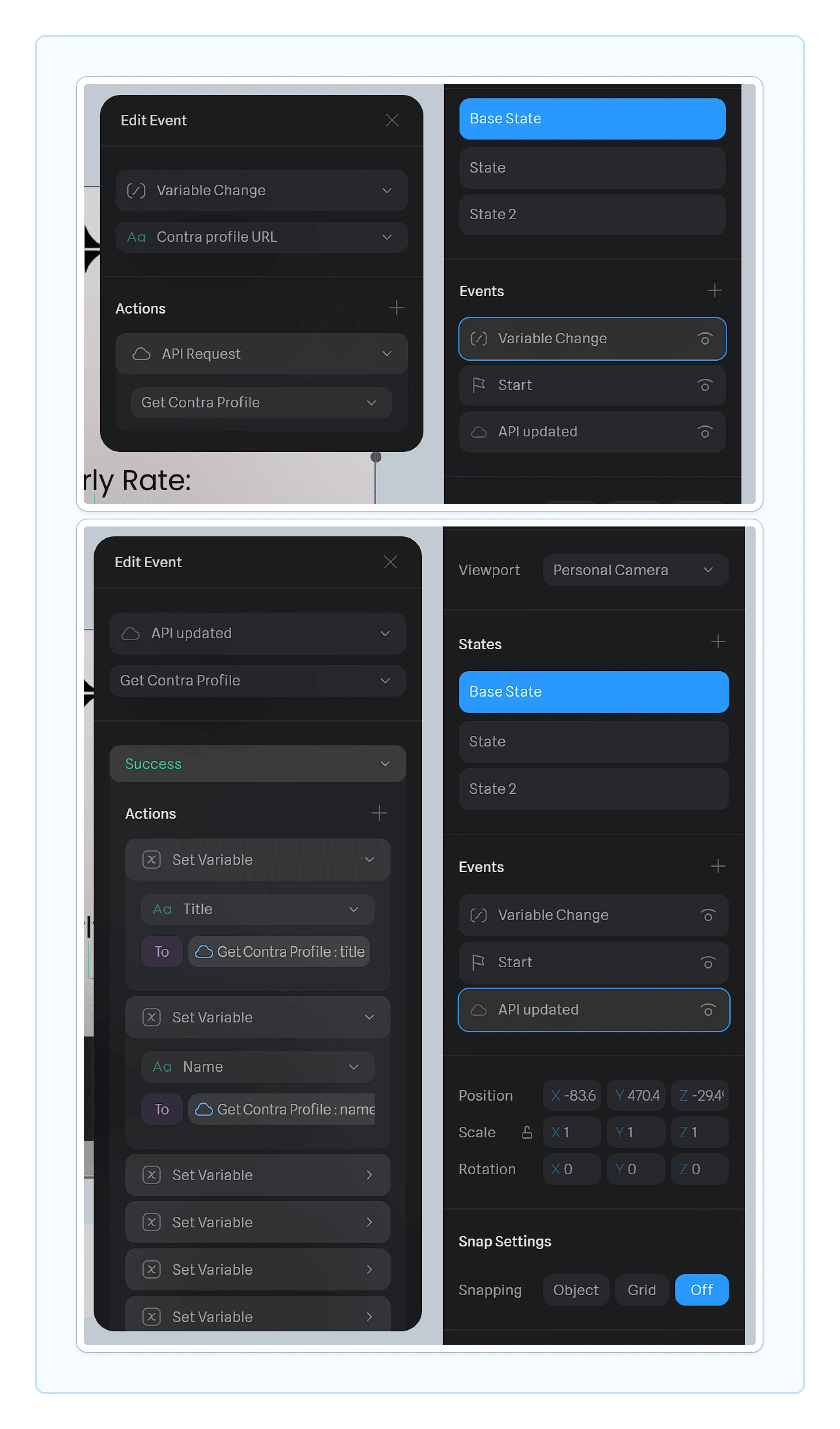 The event Variable Change gets triggered when the input values is updated. Then the API Call is made to Buildship and we set the values of our variables witht h response