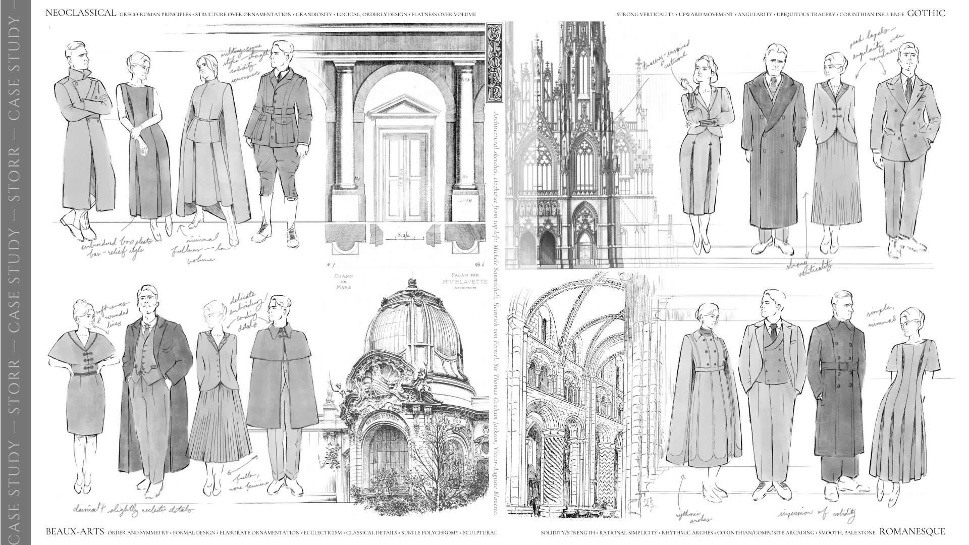 Fashion design and sketching (matching garment designs to styles of classical architecture).