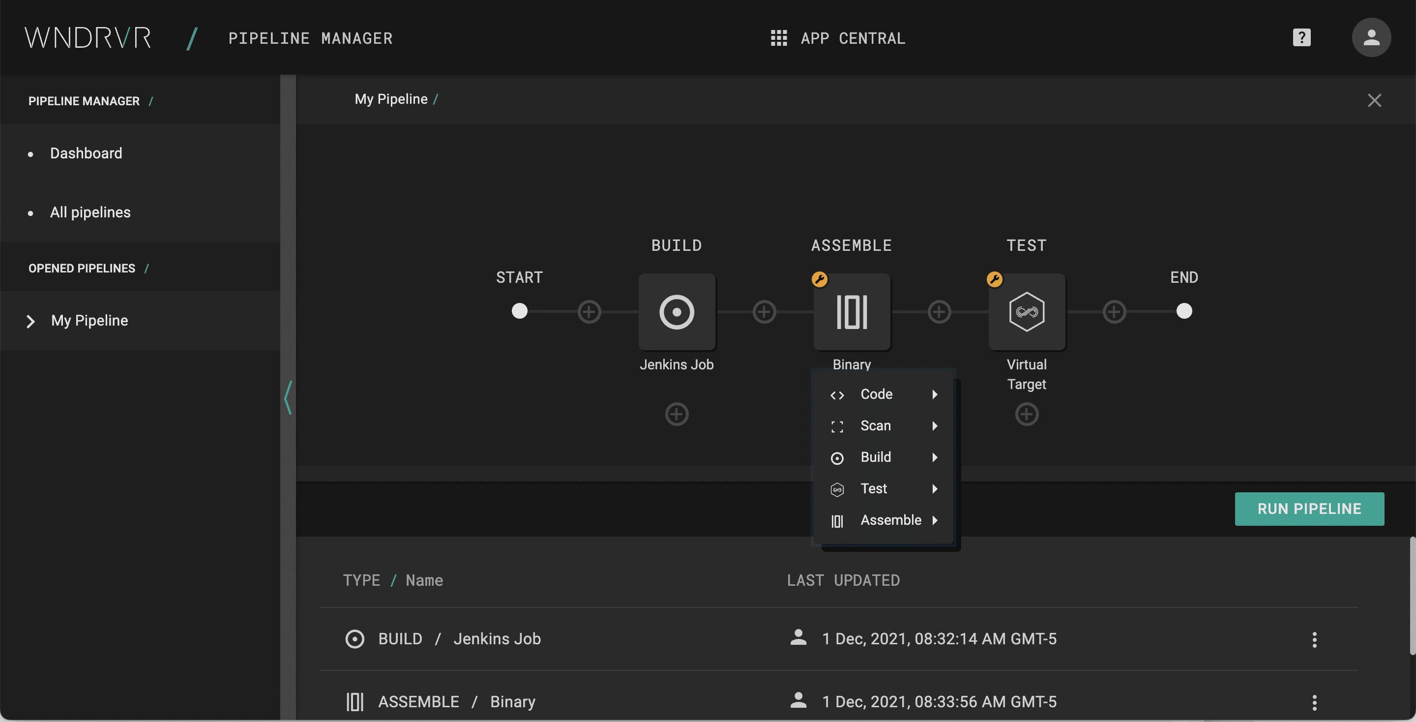 Contextual menu for adding or configuring a node