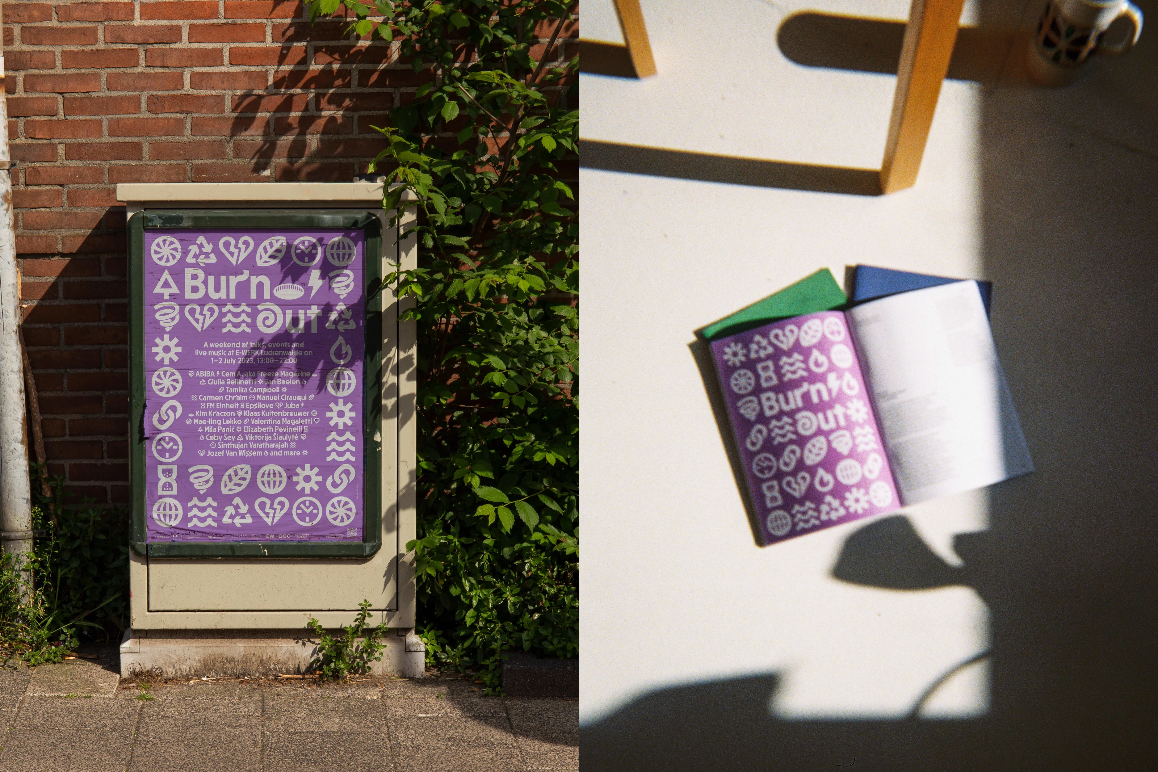 Left: Poster Design for 'Burn Out', the first event hosted by E-WERK Luckenwalde. Right: Brochure spread of 'Burn Out'