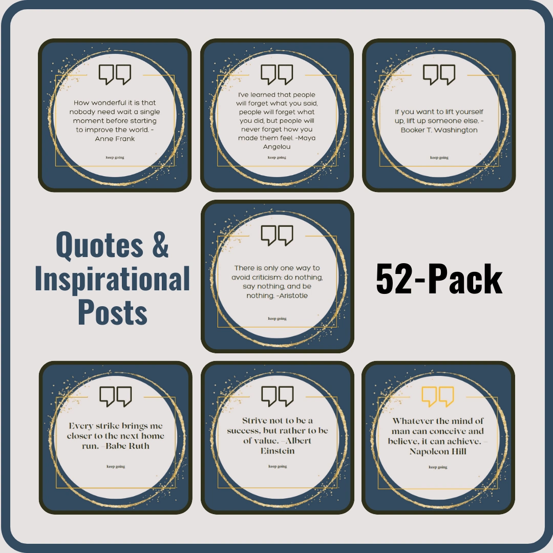 I created this service after being commissioned by a client because I thought it was such a great idea... for the biz owners who just need some extra collateral on deck, this is a 52-pack of pre-vetted quotes by inspirational figures. I customize the pack of posts to fit your brand's look, and then you've got a year's worth of weekly inspiration for your page!