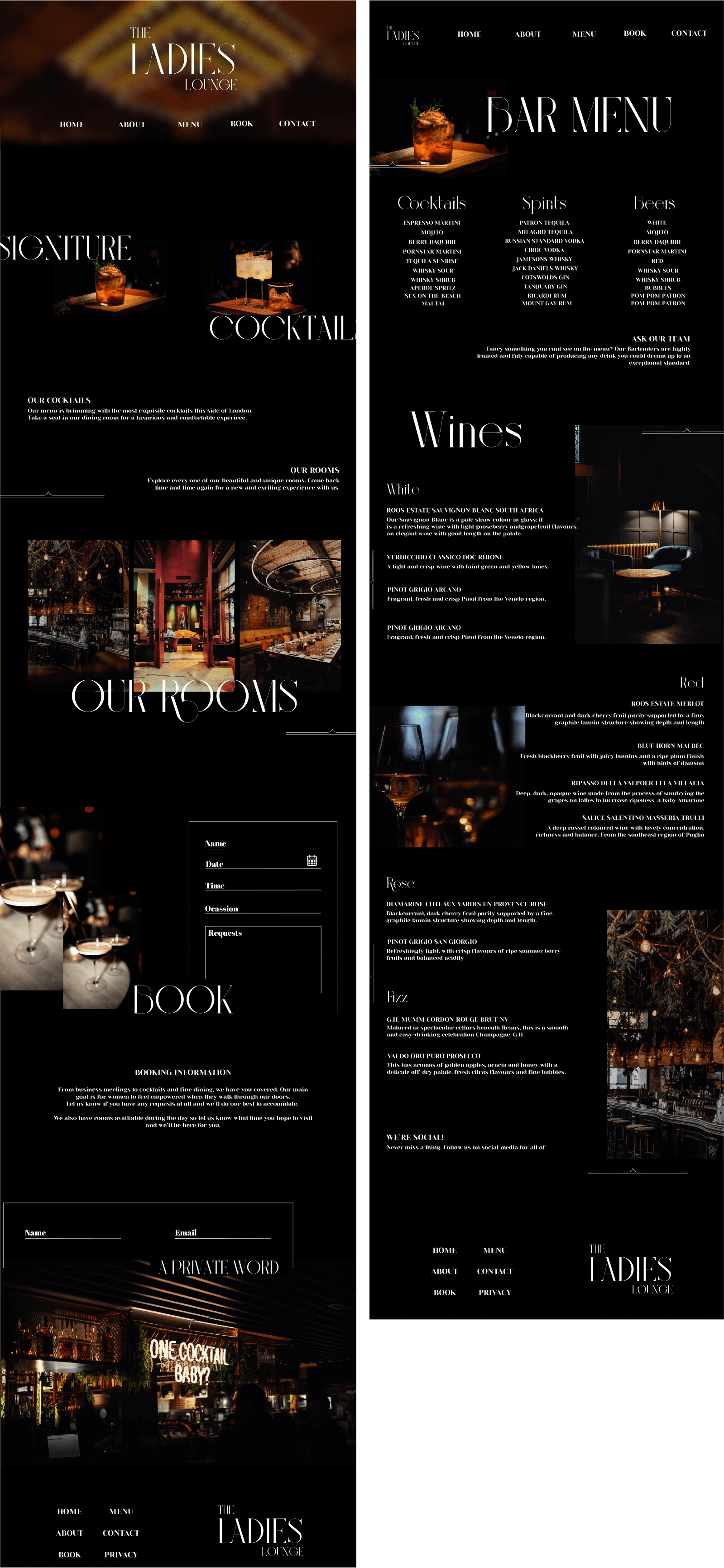 Website Design - home page and bar menu