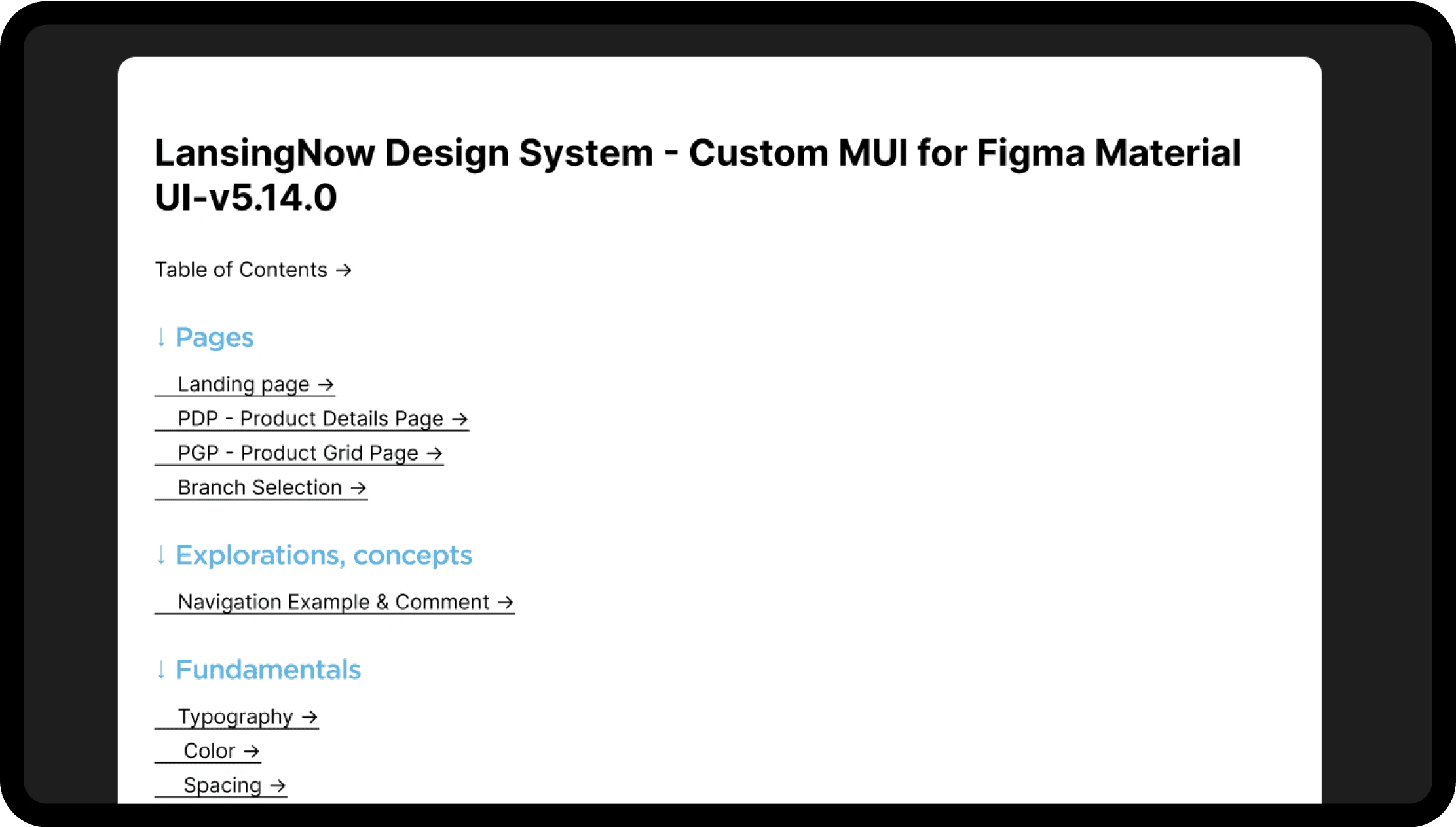 Design System Documentation Table of Contents