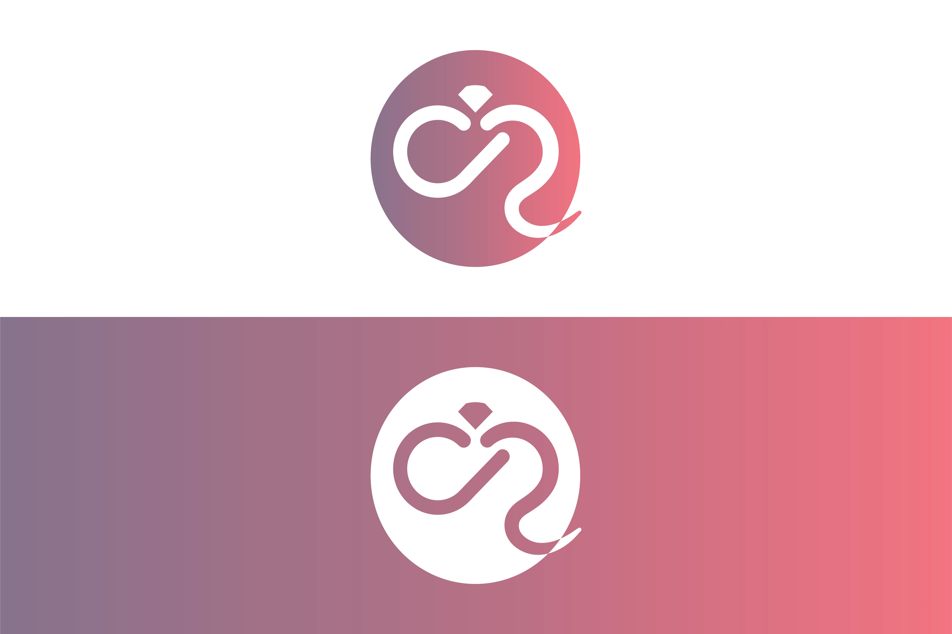 The logomark on a white bg and a gem purple + love red bg (the bg is split into two horizontally).