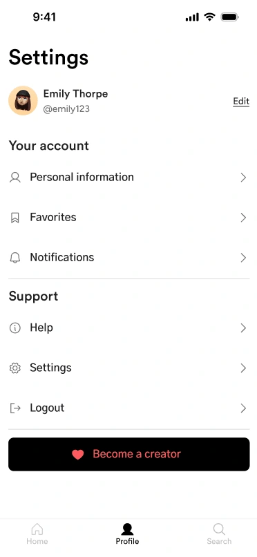 Settings page