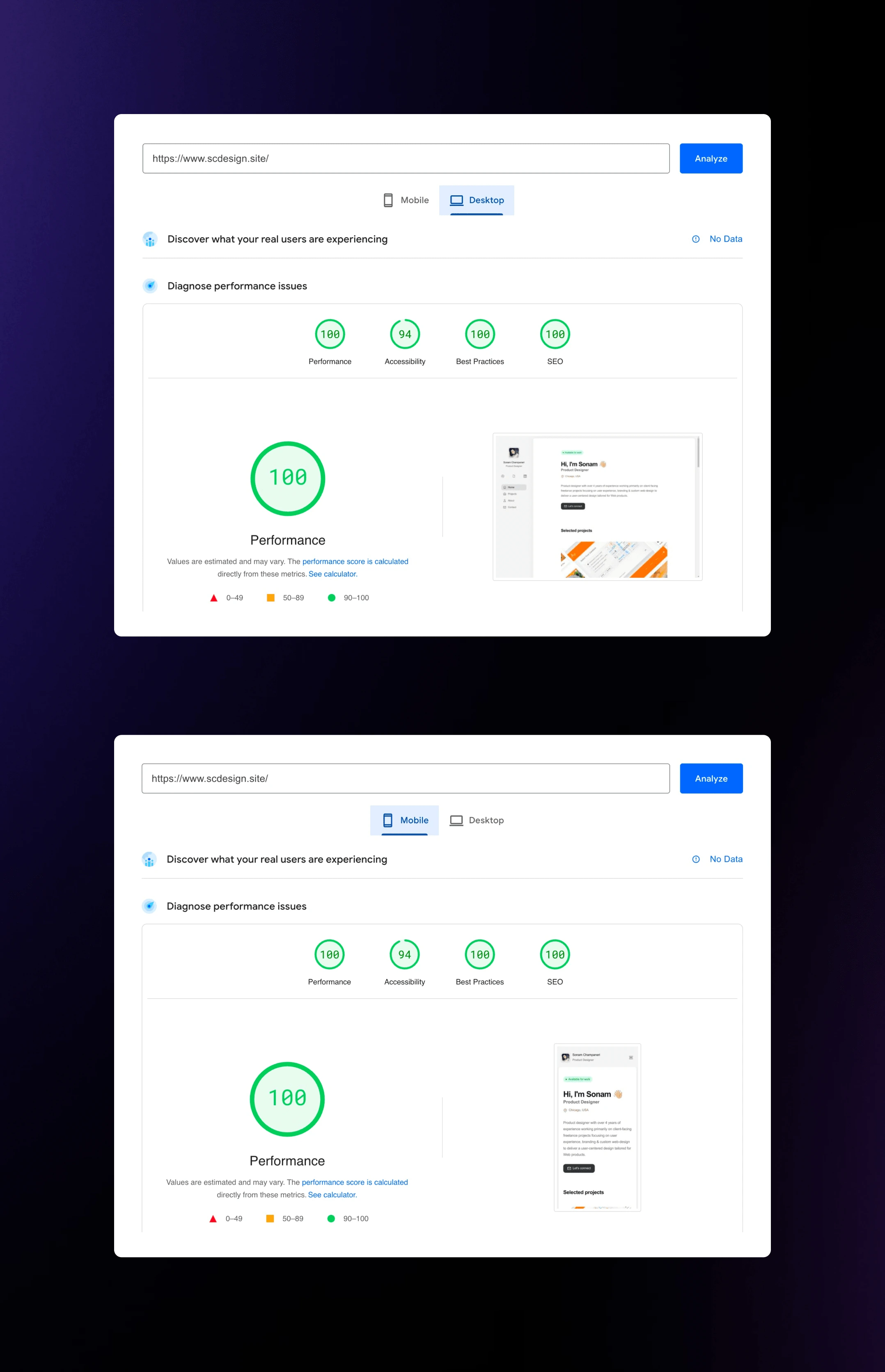 SC portfolio performance metrics for desktop and mobile