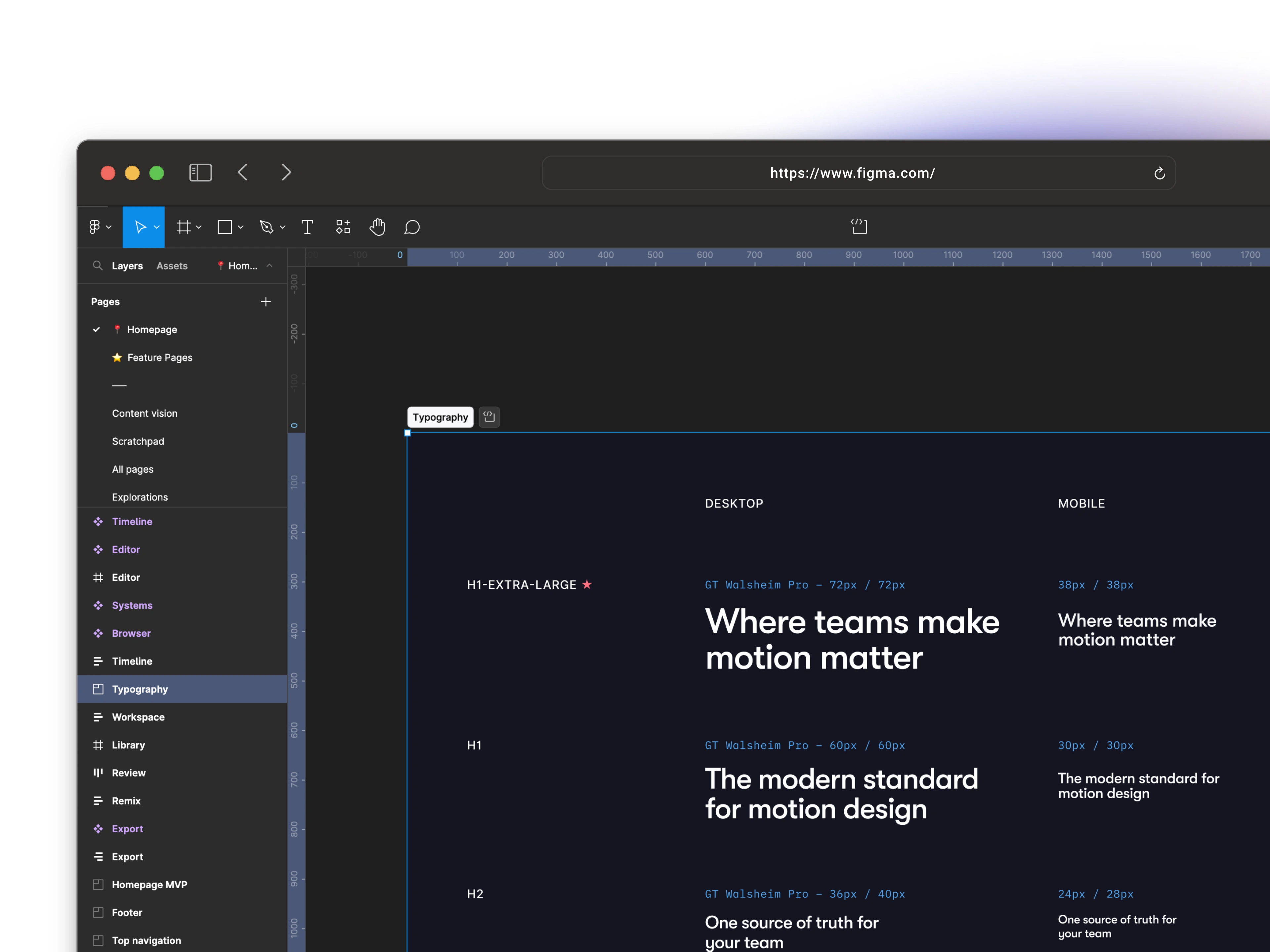 The Figma document of Fable's website showing the typography section.