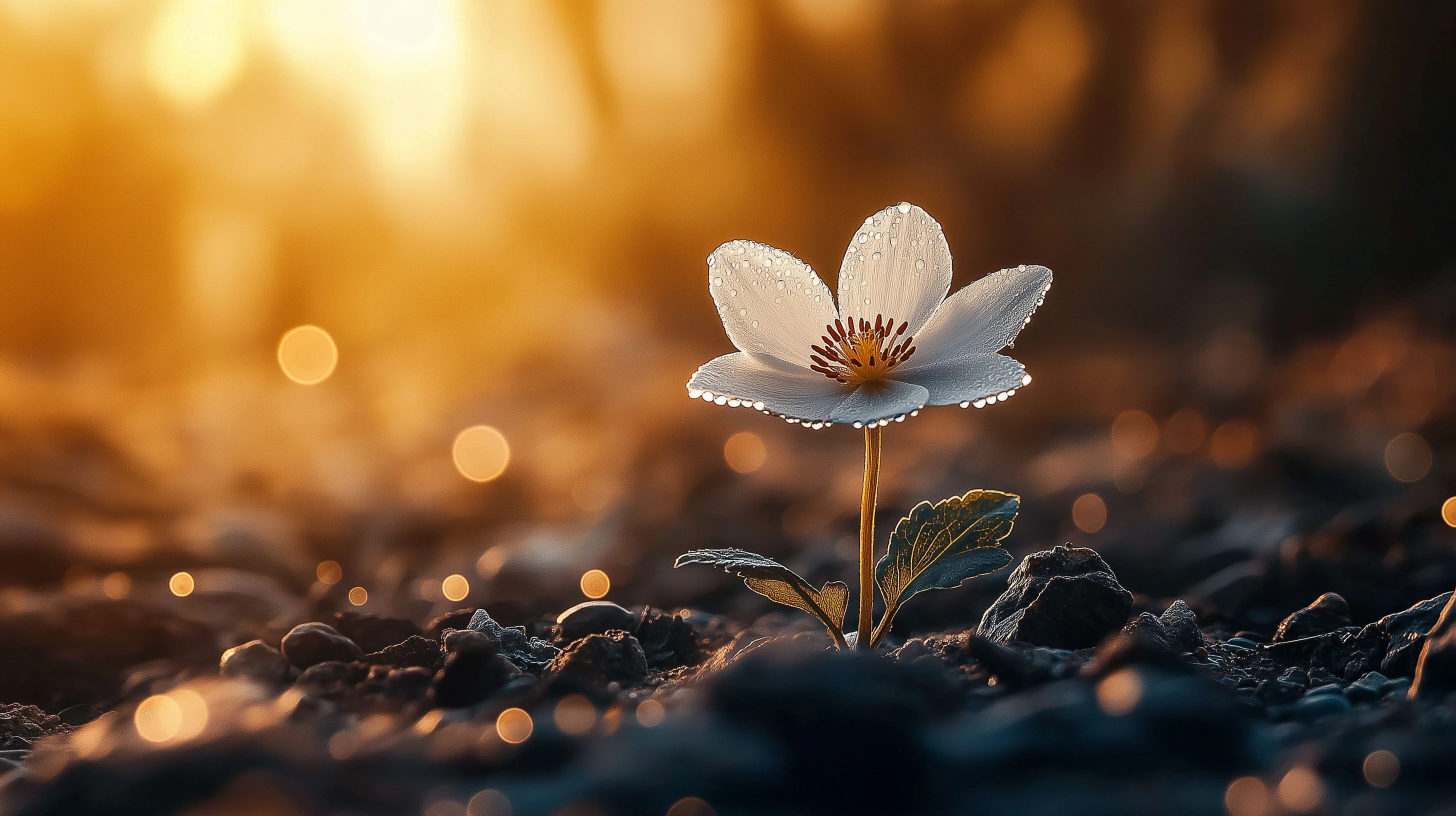 a single white flower blooming on rocky terrain