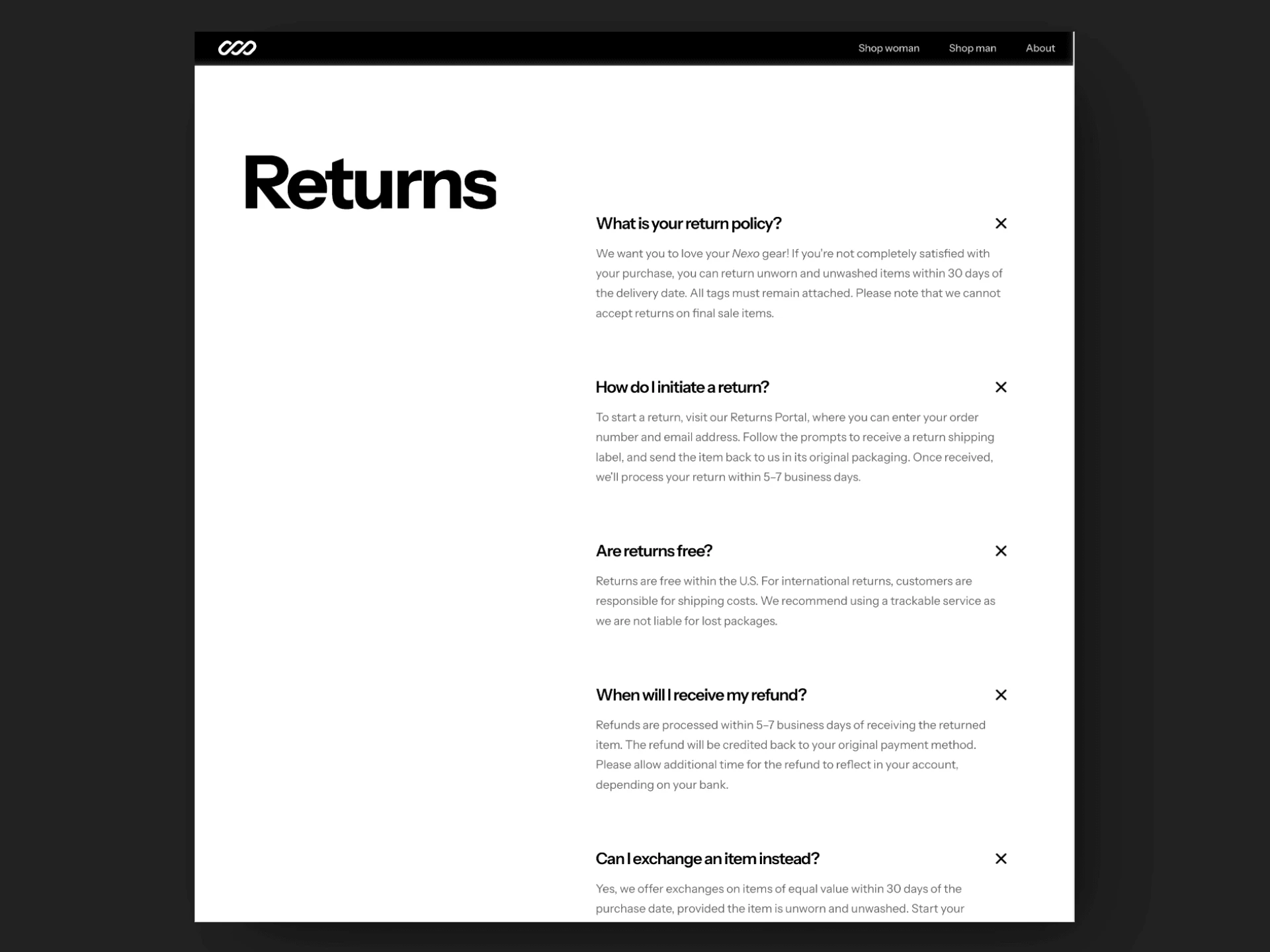 FAQ and Return pages