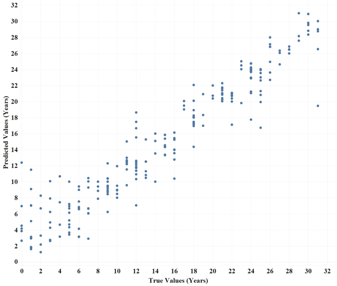 Predicted values function of true values for tuned XTR model.