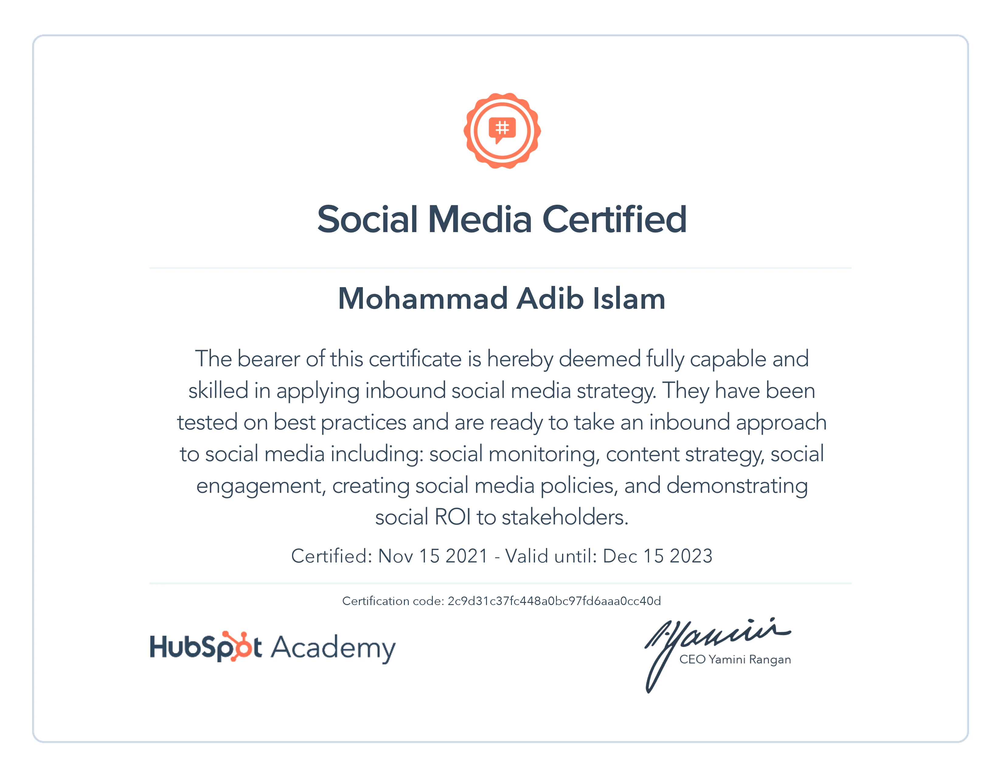 Certificate of Social Media Manager from HubSpot