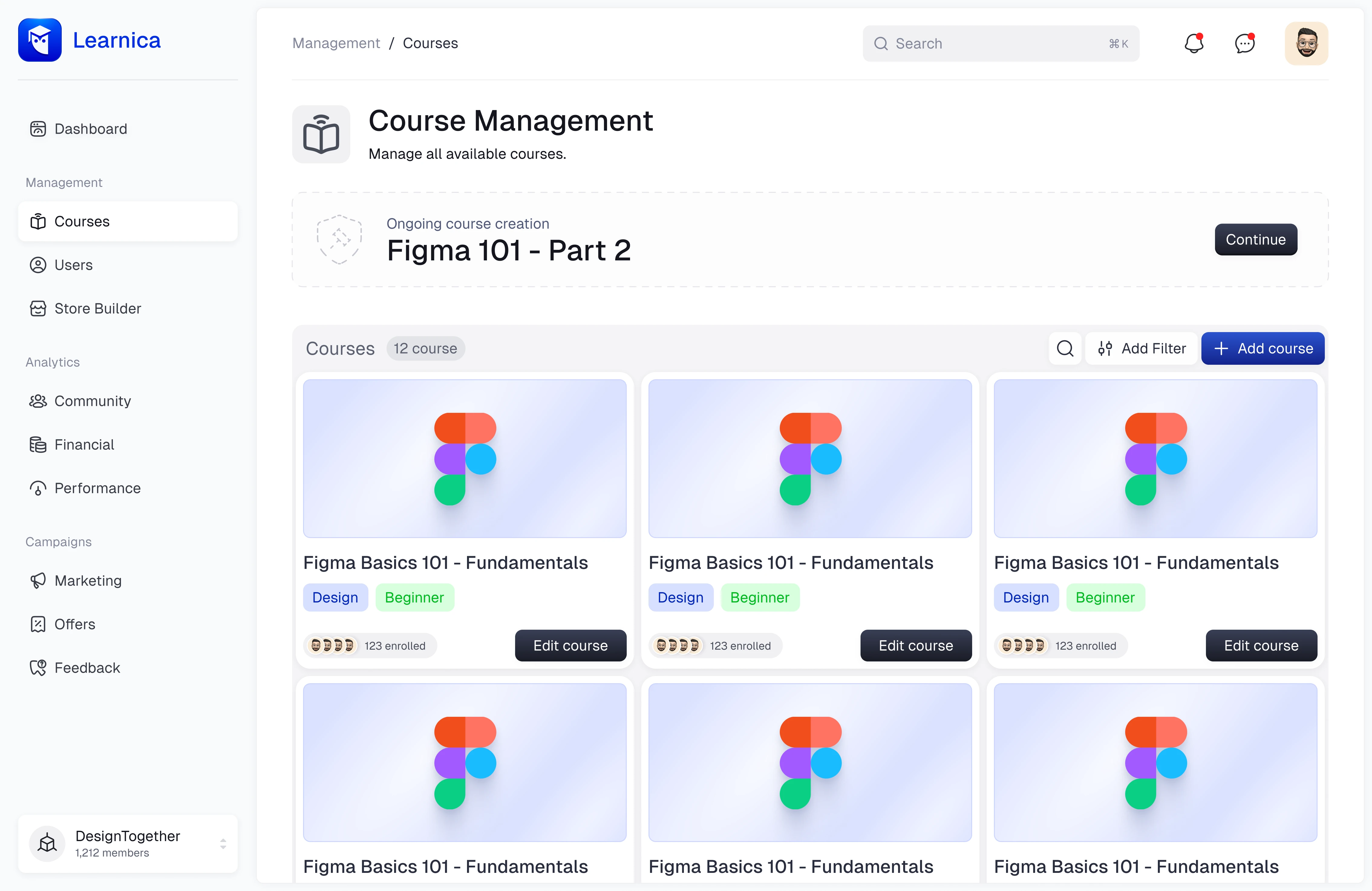 Courses management page