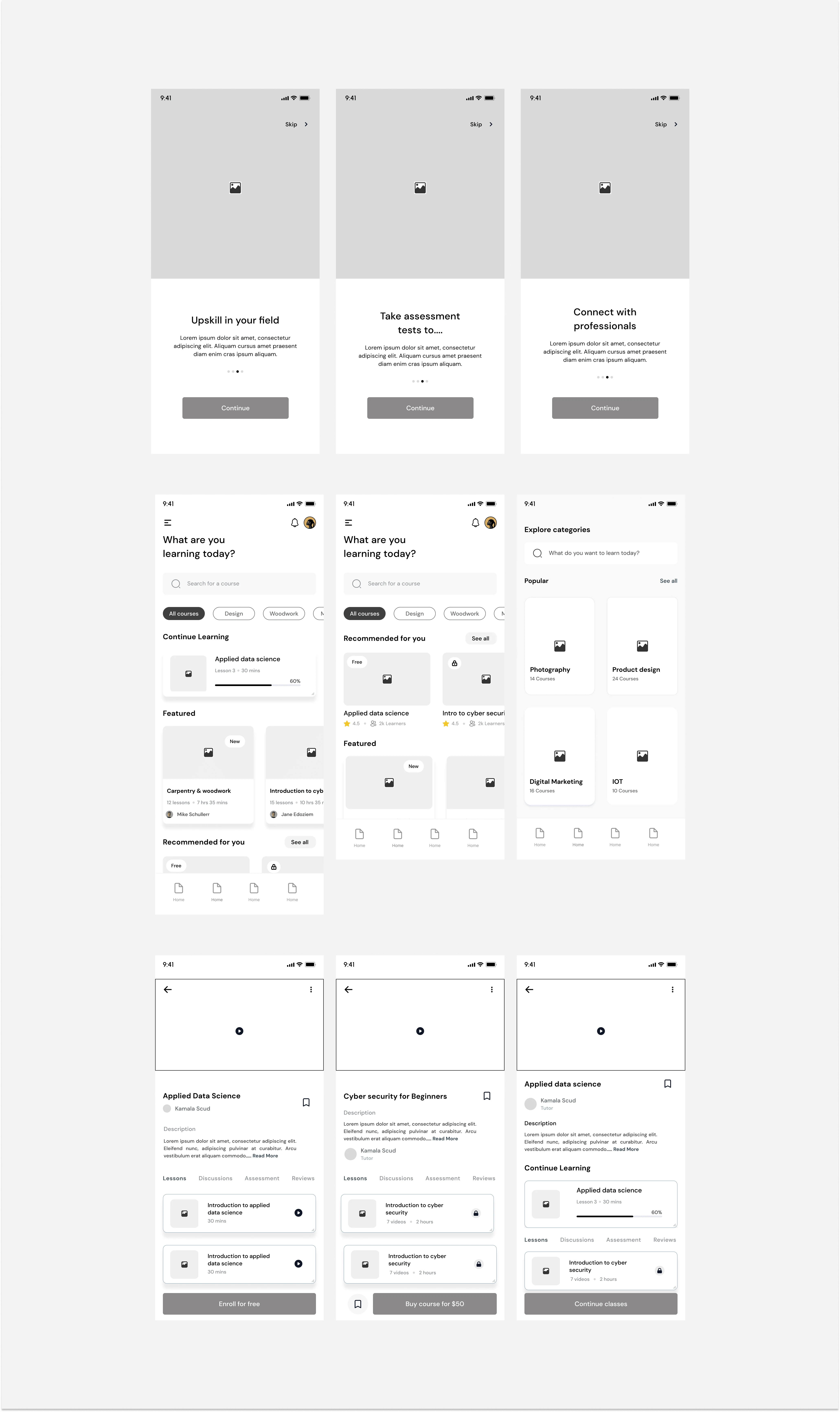 some of the wireframes for testing.