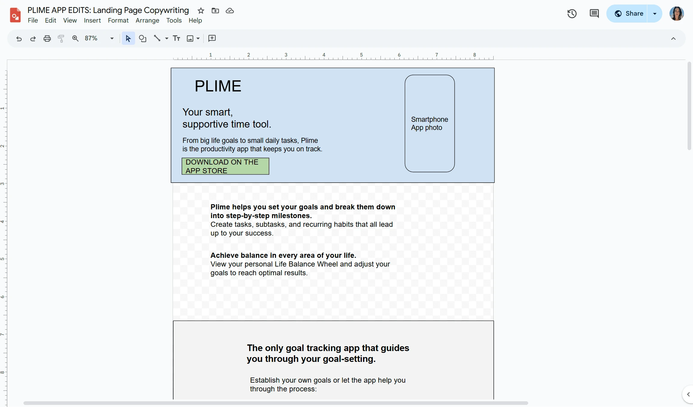 My Wireframe/UX Copy draft for the Plime app landing page.