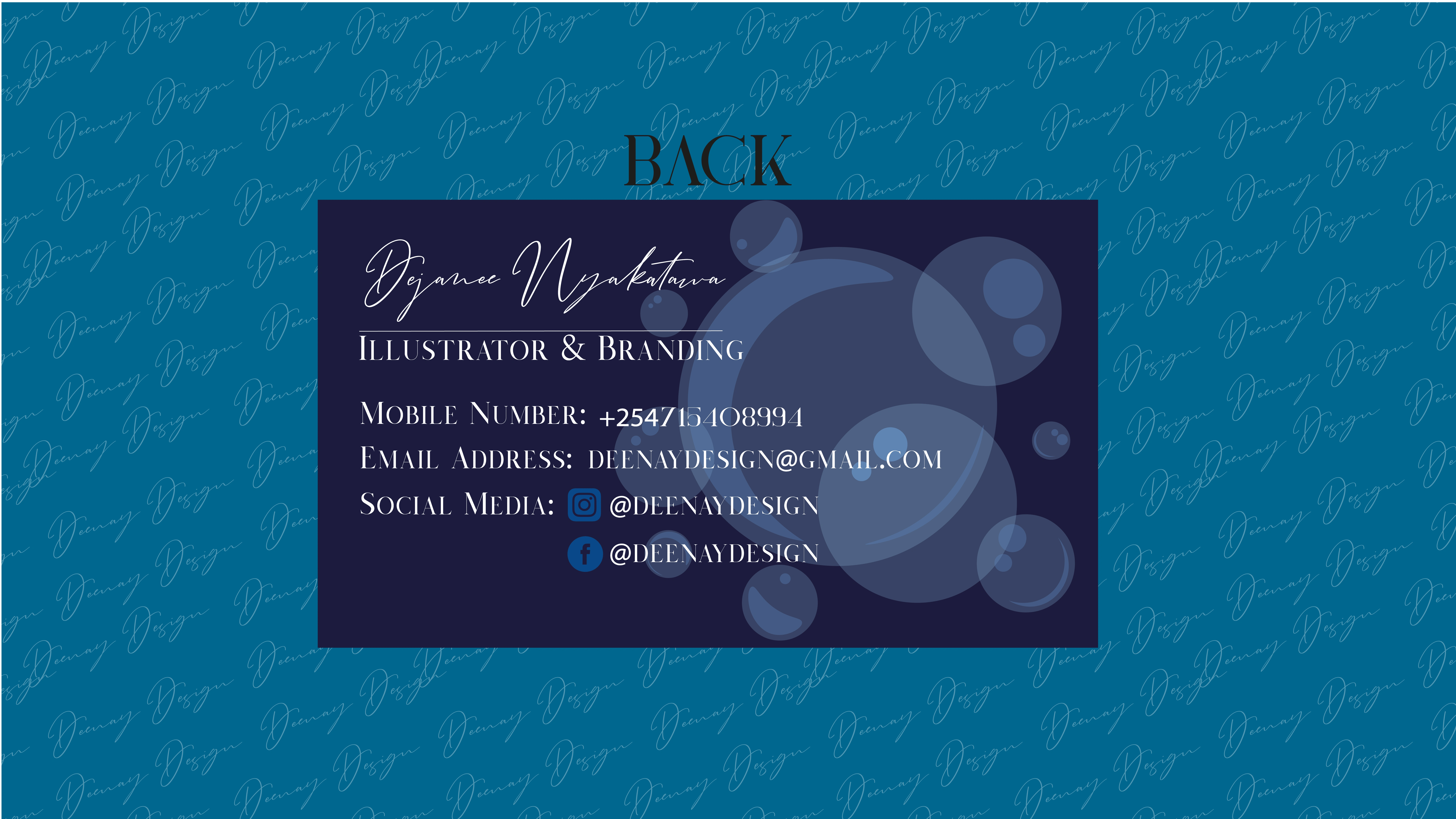 Back design of deenay designs business cards 