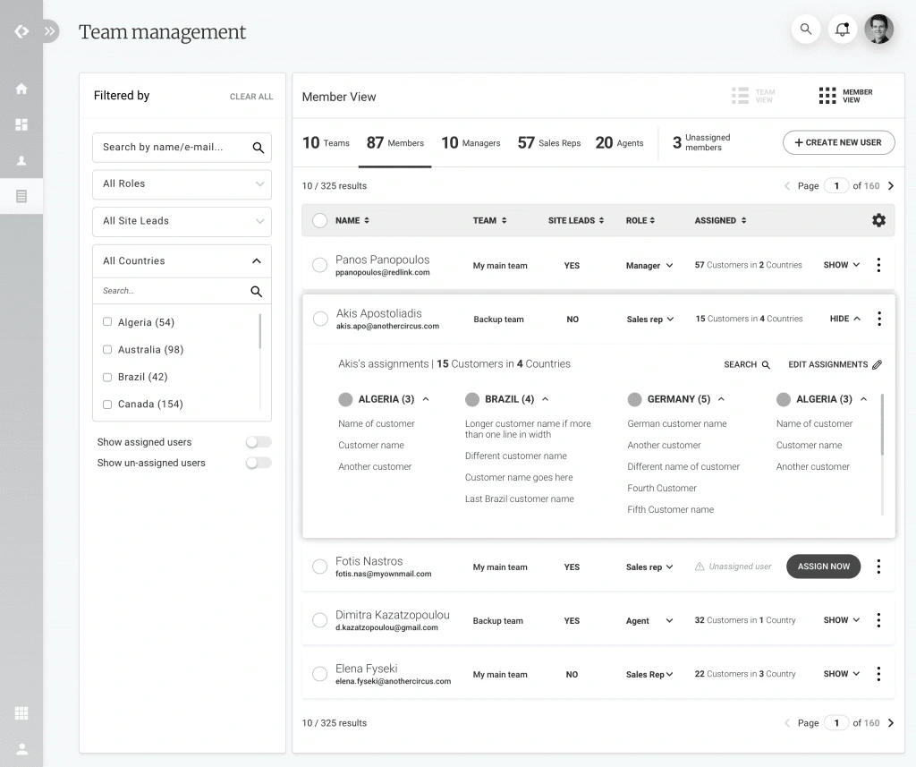 Team management wireframe