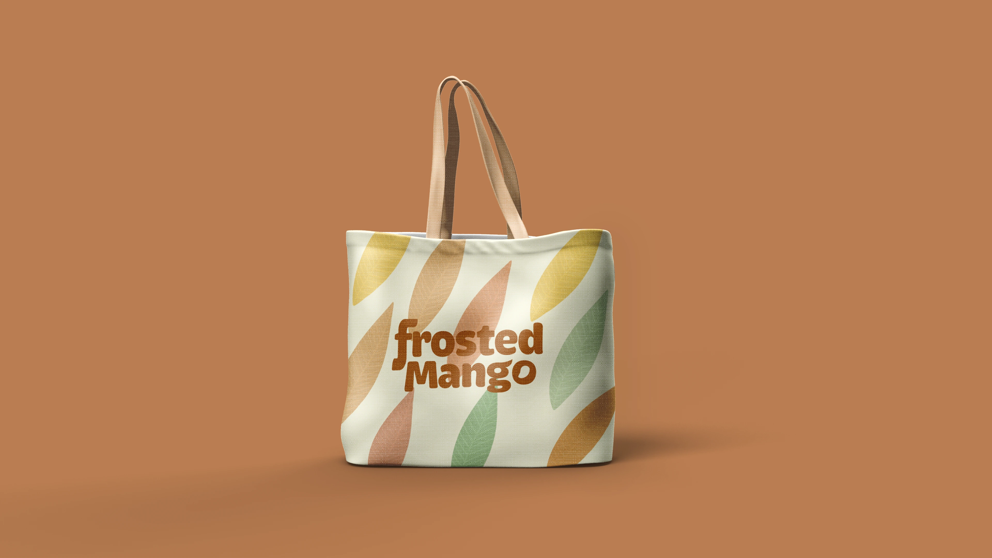 Mockup of main logo on tote bag with brand pattern in background