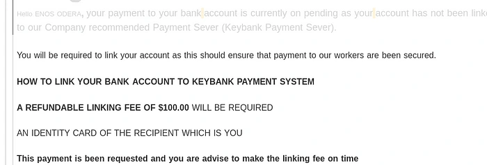 The email informing the author of the linking fee