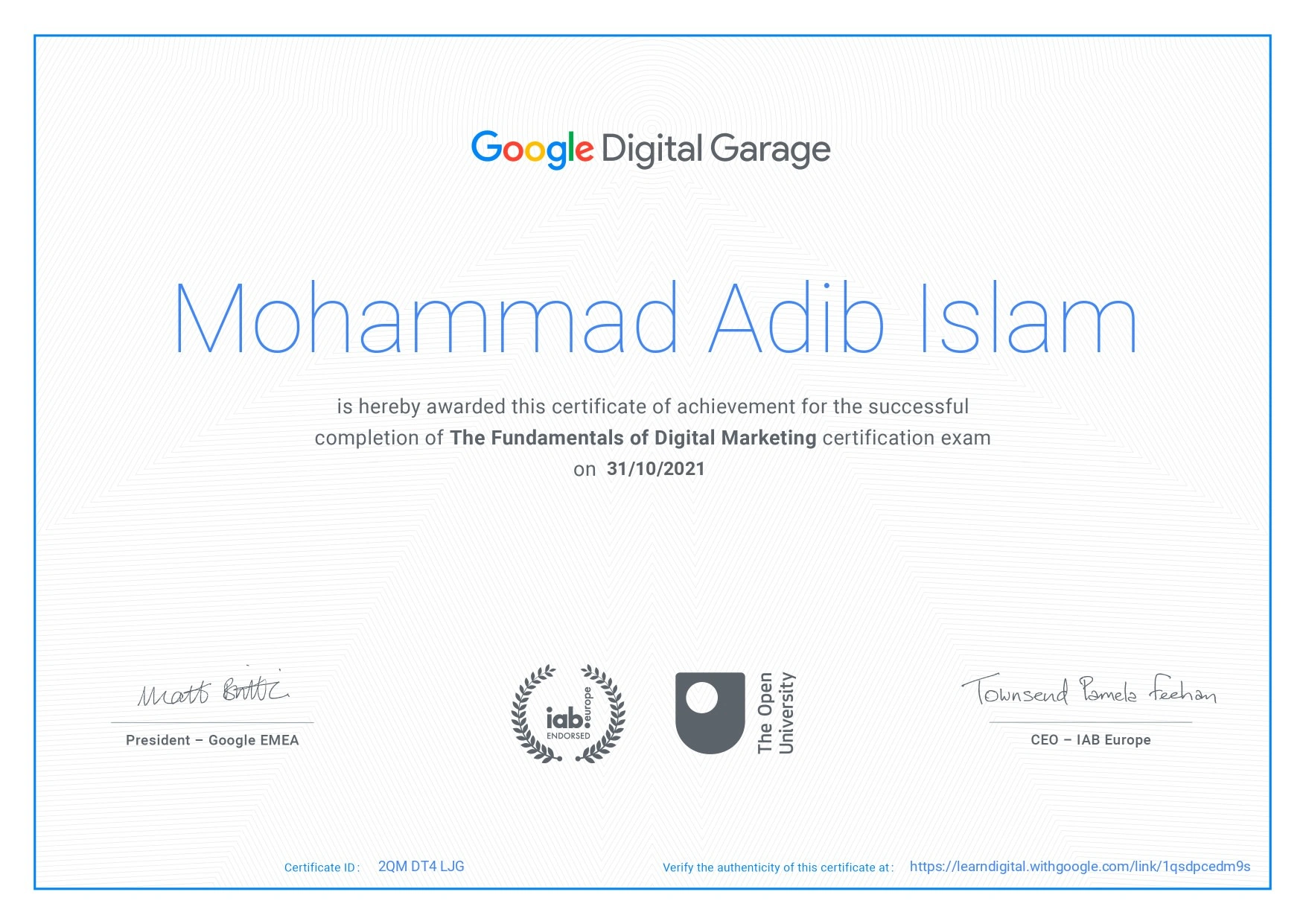 Certificate of Digital Marketing from Google