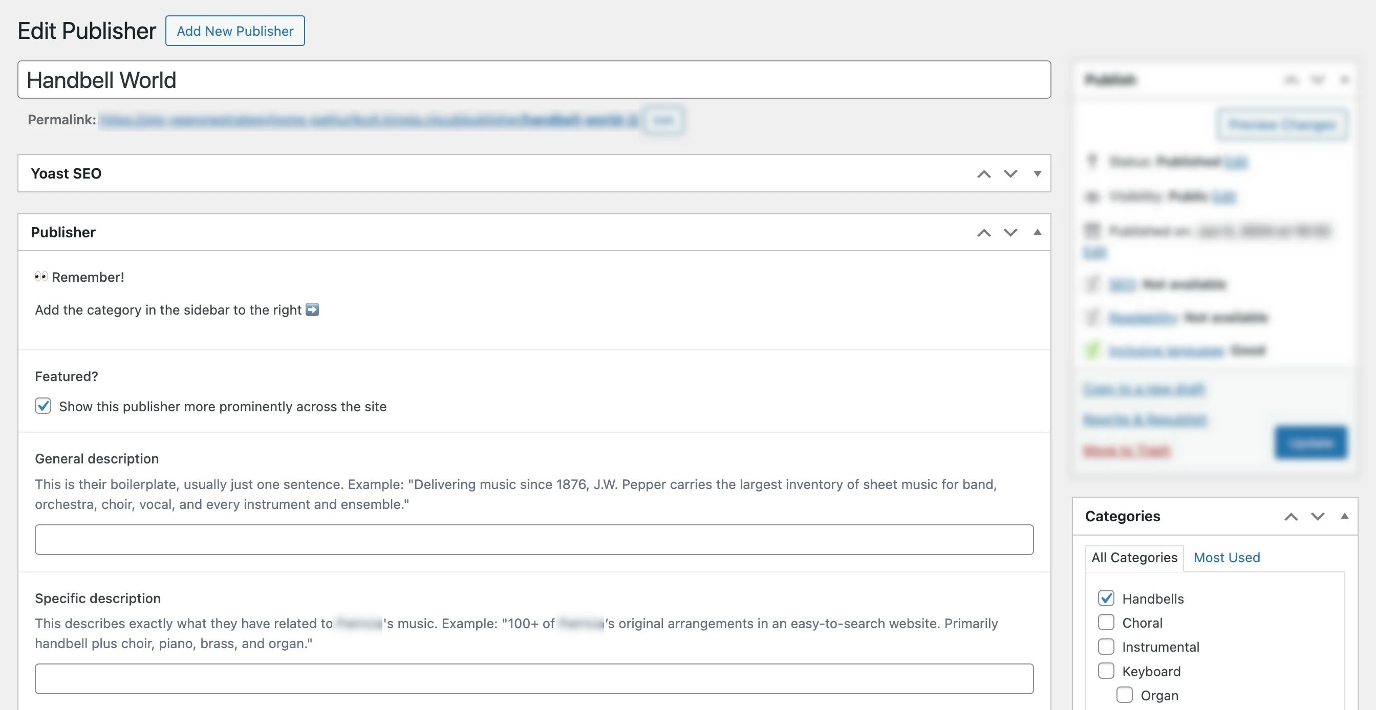 The "Publisher" edit screen used by the composer. The screen includes guidance and formatting to minimize errors. It also uses similar approaches to third party tools the composer already uses and likes.