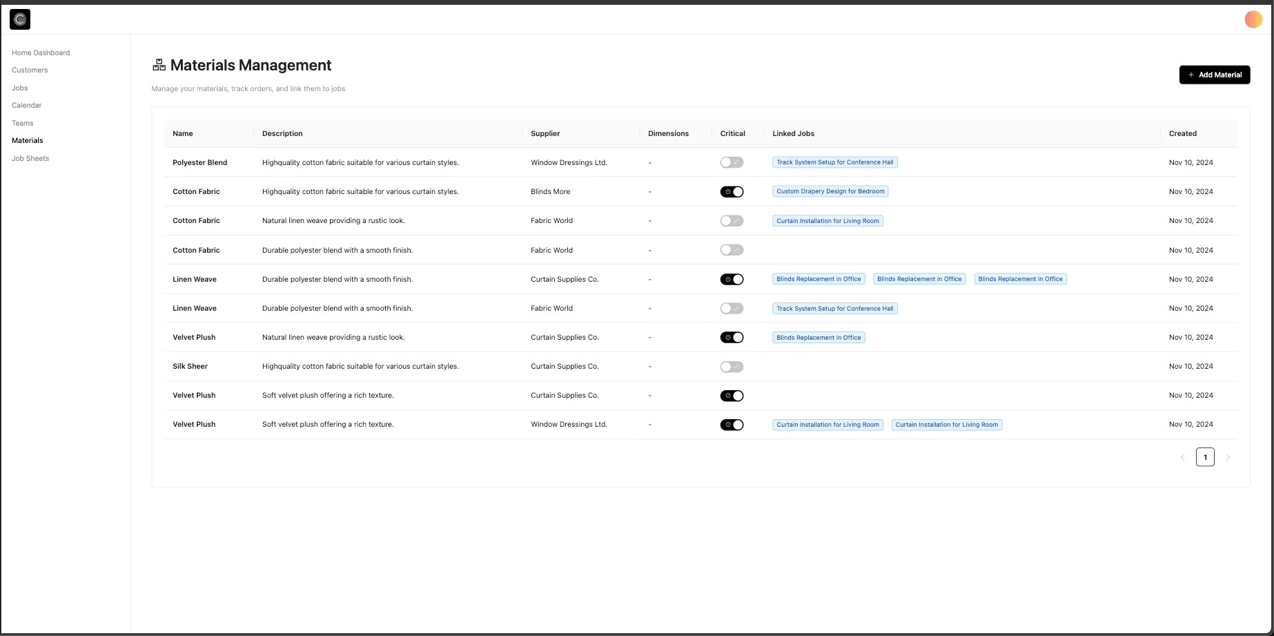 Order and track materials