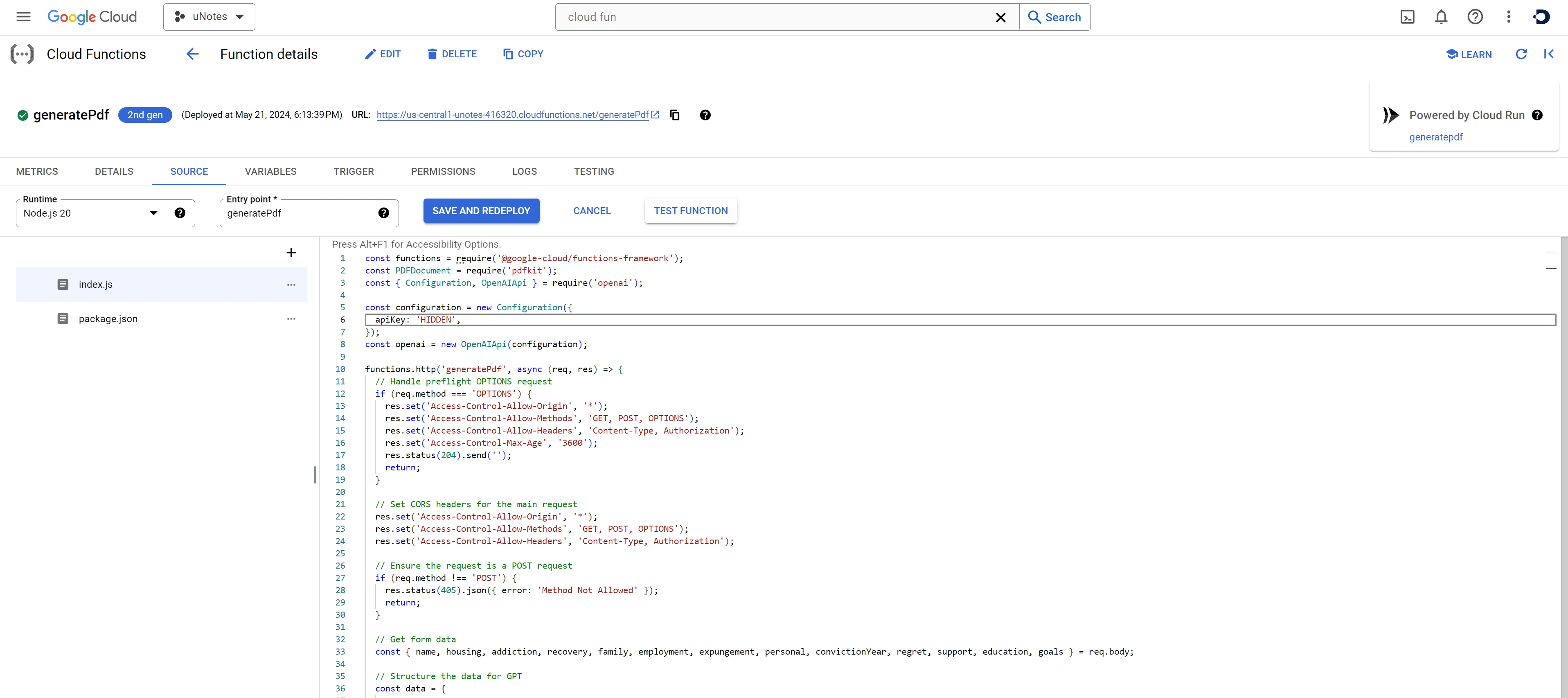 Google cloud function backend to get parameters from form, sending off a custom prompt to GPT to generate PDF