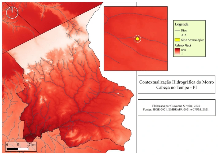 Map showing the hydrography of "Morro Cabeça no Tempo" municipality and the region near the archaeological site found. The location where the archaeological site was found is very close to two current riverbeds.