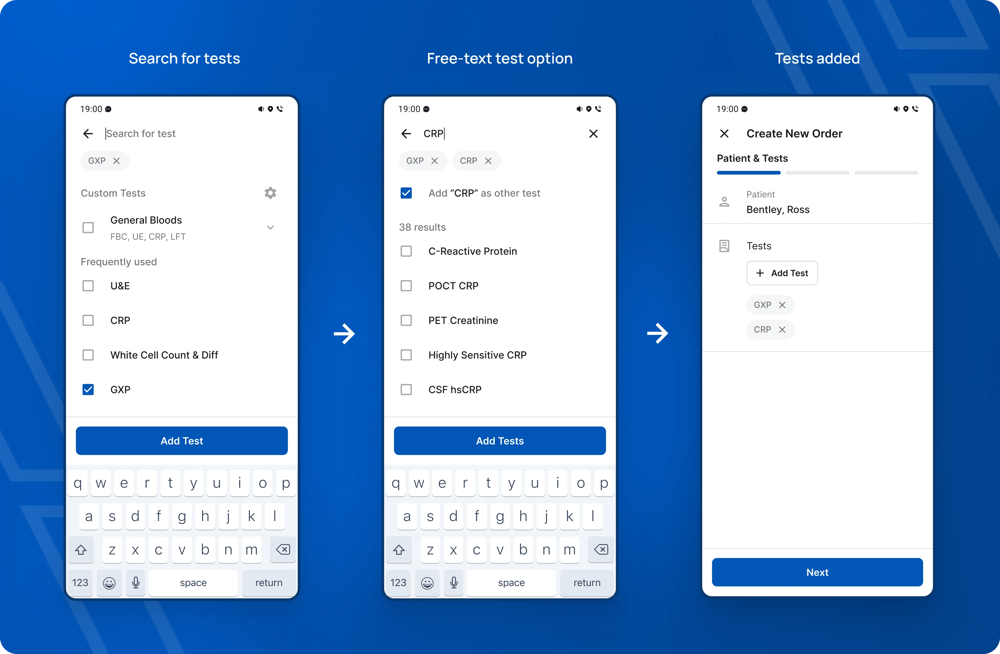 Adding tests. We added custom test groups, allowing doctors to easily select groups of tests that they use often. If they don't find the test they want, they can add what they type as a test.